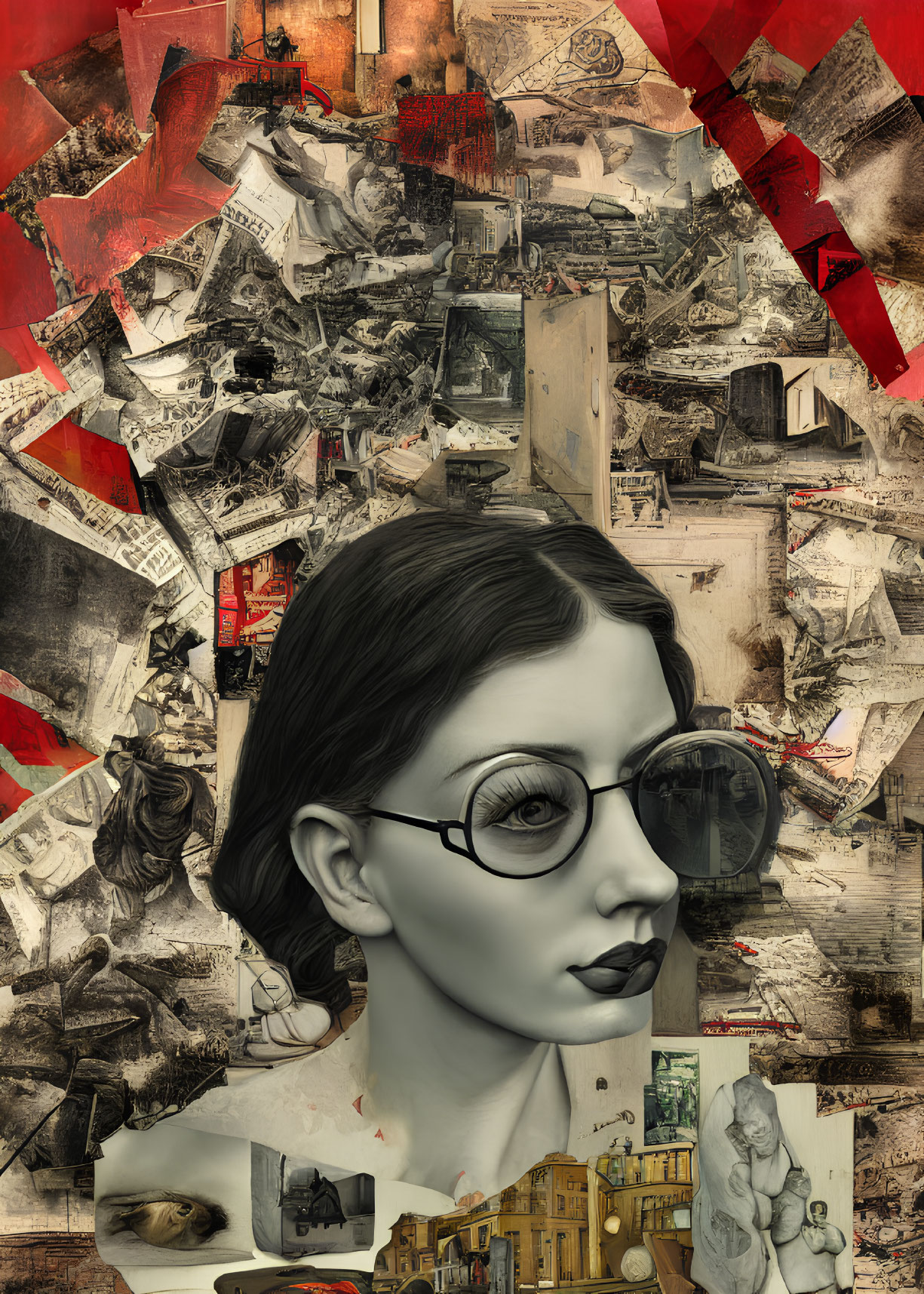 Surreal collage featuring female figure in glasses amid vintage photos & abstract shapes