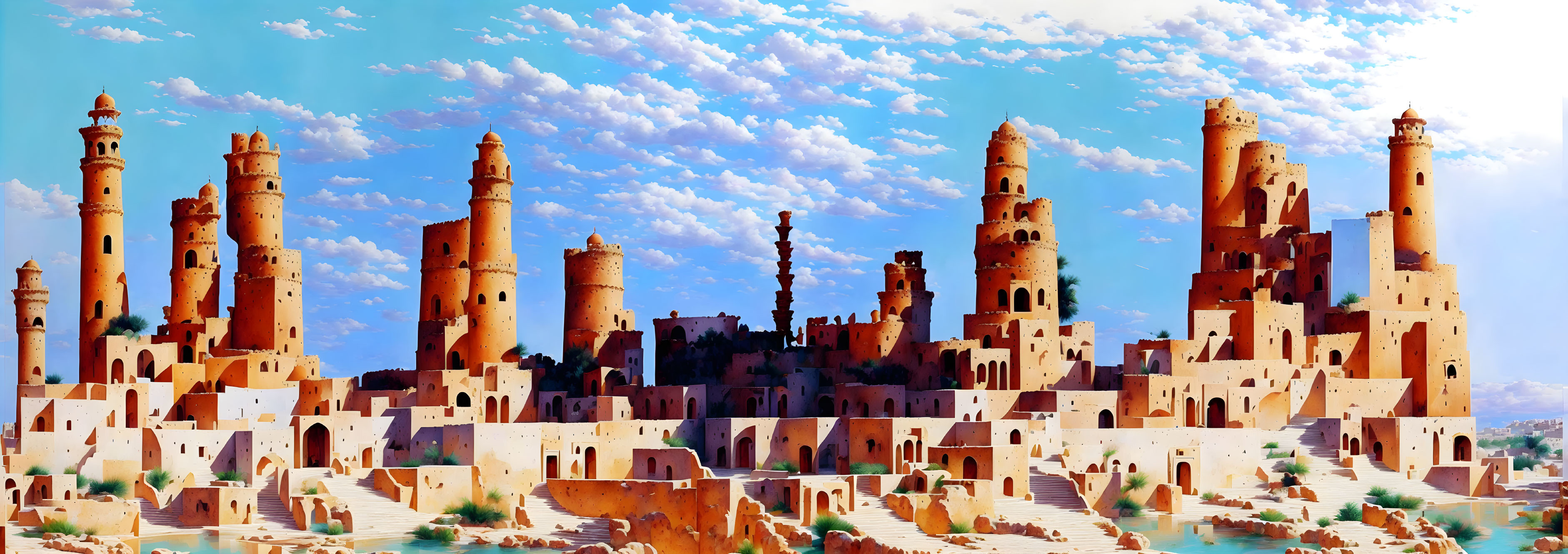 Ancient city skyline with minarets and clay buildings under blue sky