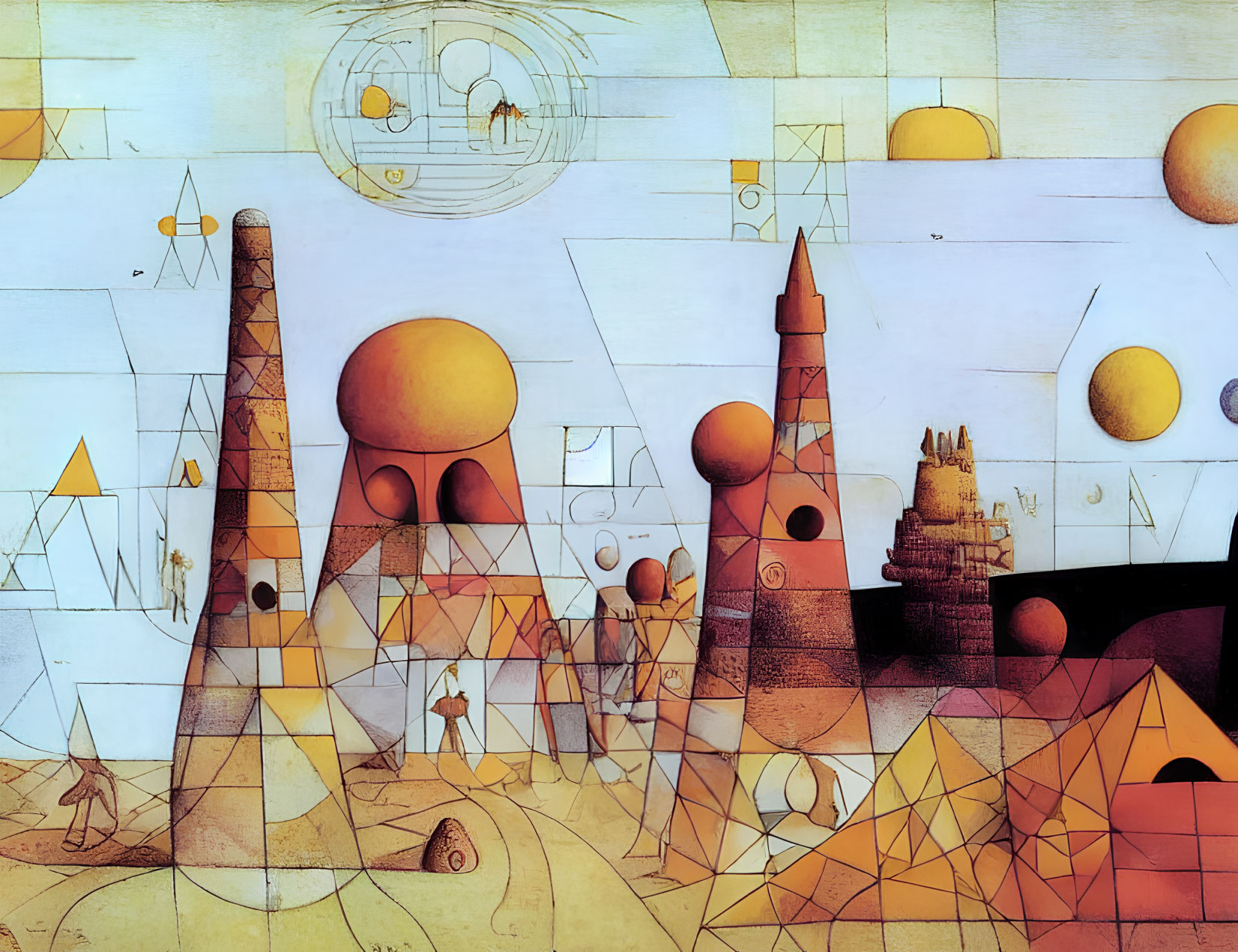 Abstract landscape with geometric shapes, towers, spheres, orange and yellow color palette