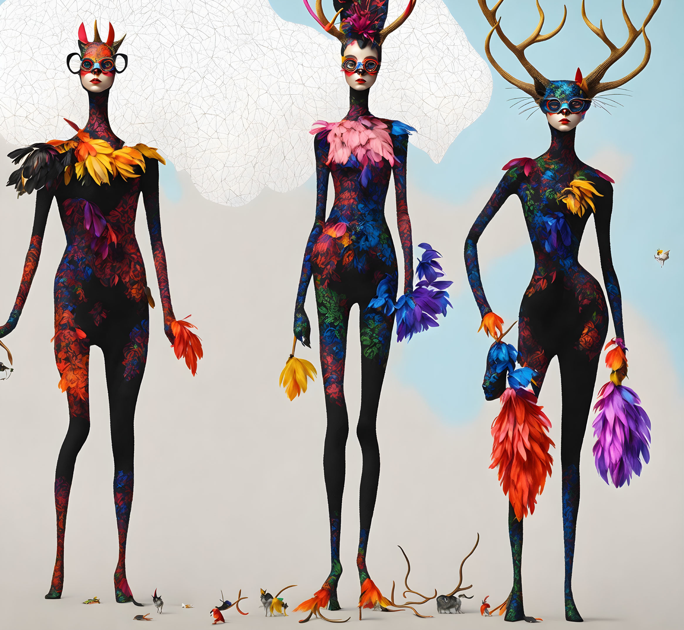 Vibrant body paint and nature accessories on three figures