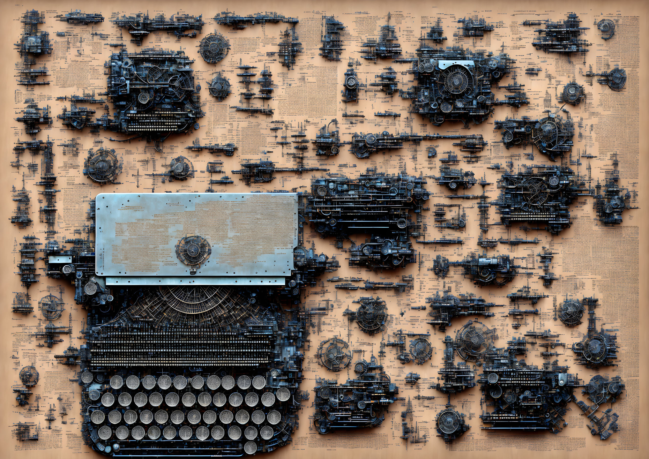 Vintage Typewriter Surrounded by Mechanical Parts on Beige Background