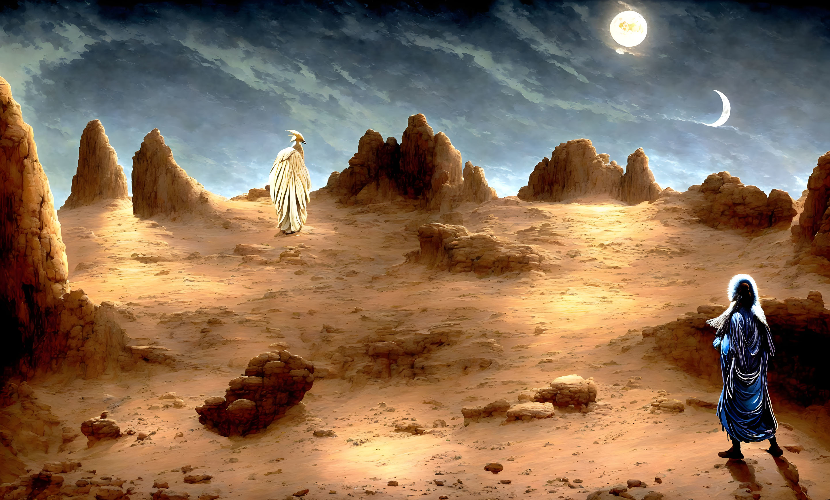 Desert landscape with two robed figures and celestial bodies