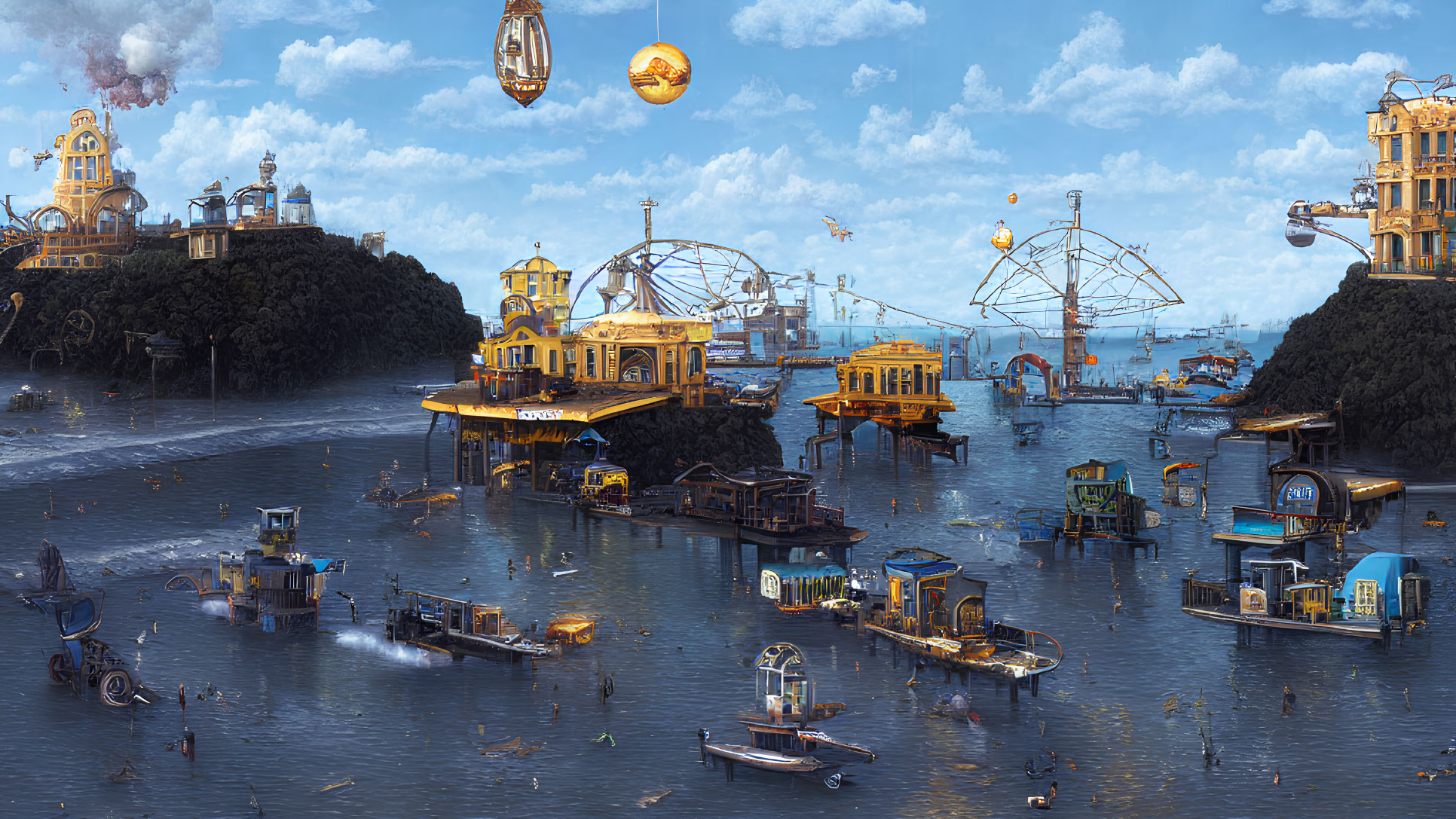 Steampunk-inspired floating cityscape with ships and airships in blue skies