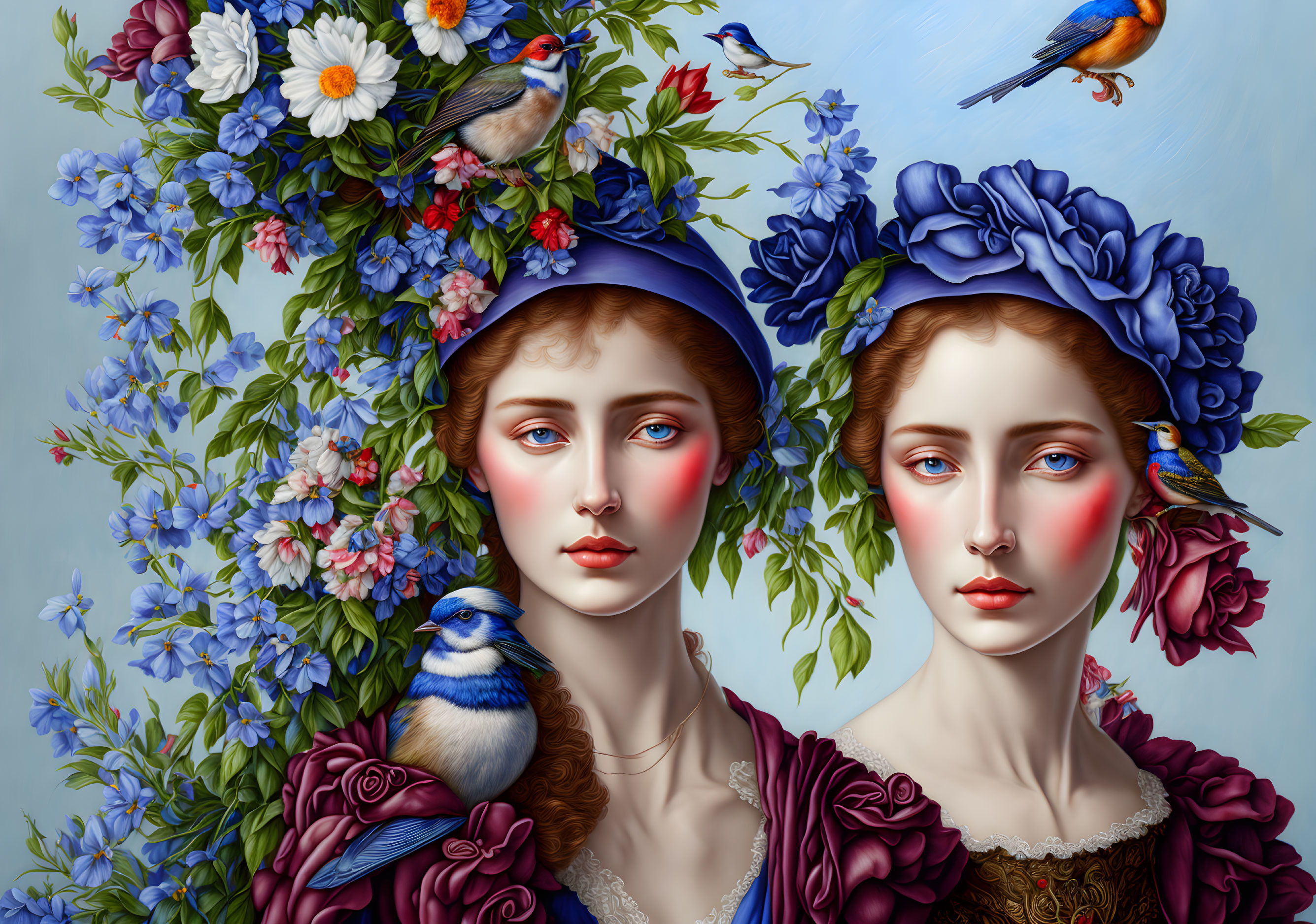 Classical portrait of two women with floral and bird motifs on blue background