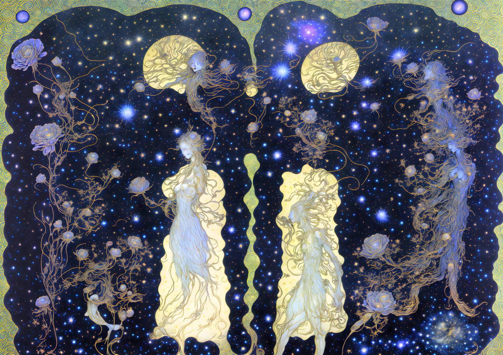 Ethereal women merge with starry night sky and moon in cosmic artwork