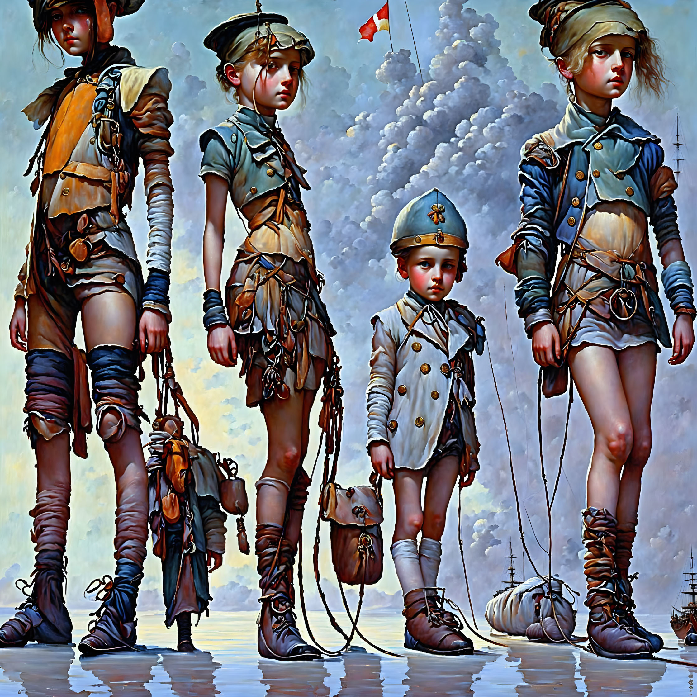 Stylized children in vintage explorer outfits under cloudy sky