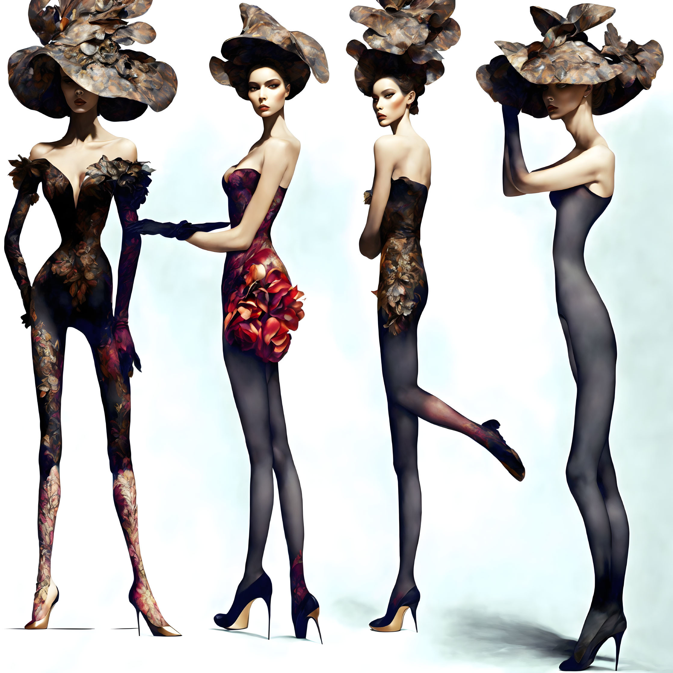 Stylized female figures in elegant attire with elaborate hats and floral patterns