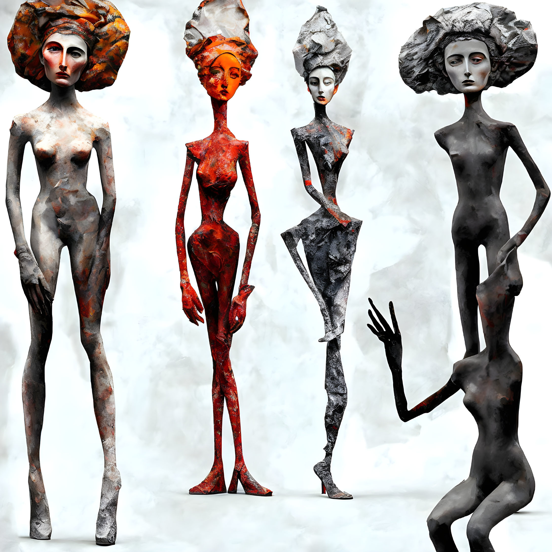 Stylized female statues with exaggerated forms and abstract patterns