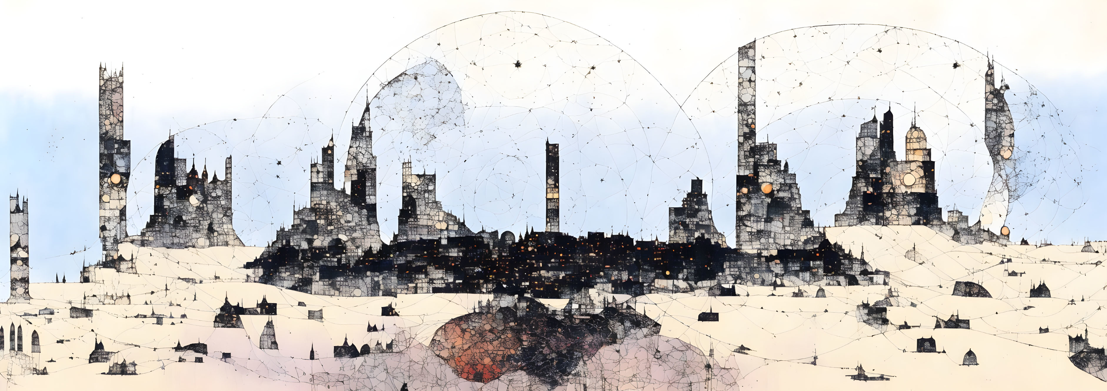 Panoramic dystopian cityscape with dilapidated towers and domed structures in monochrome palette