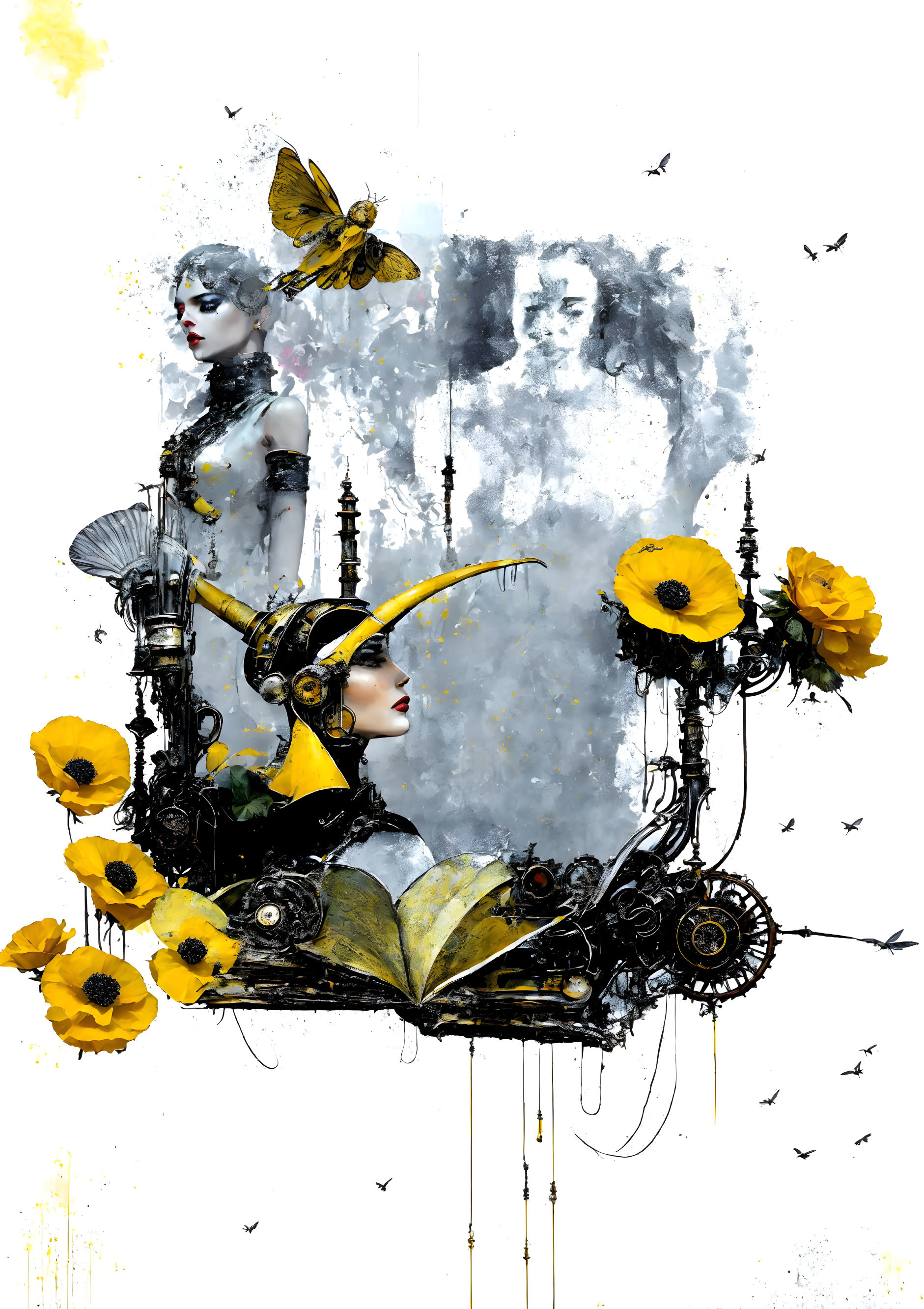 Illustration of female figures with mechanical elements and flowers.