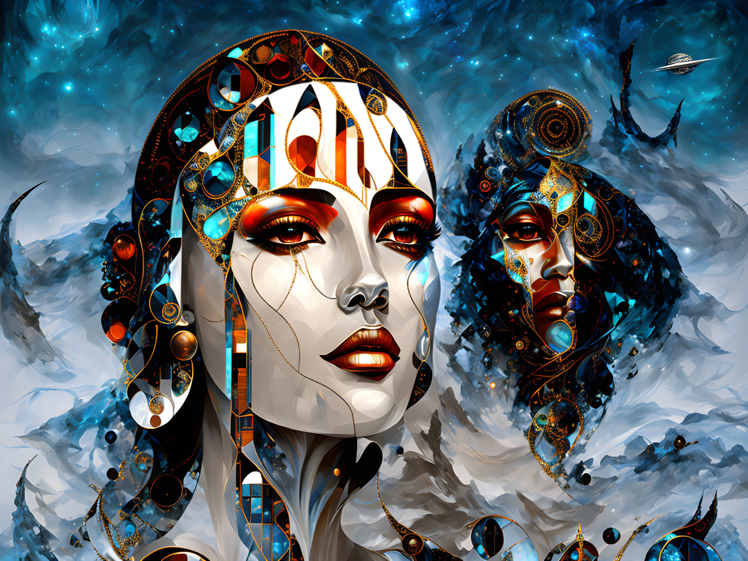 Abstract Digital Art: Stylized Female Faces in Cosmic Setting