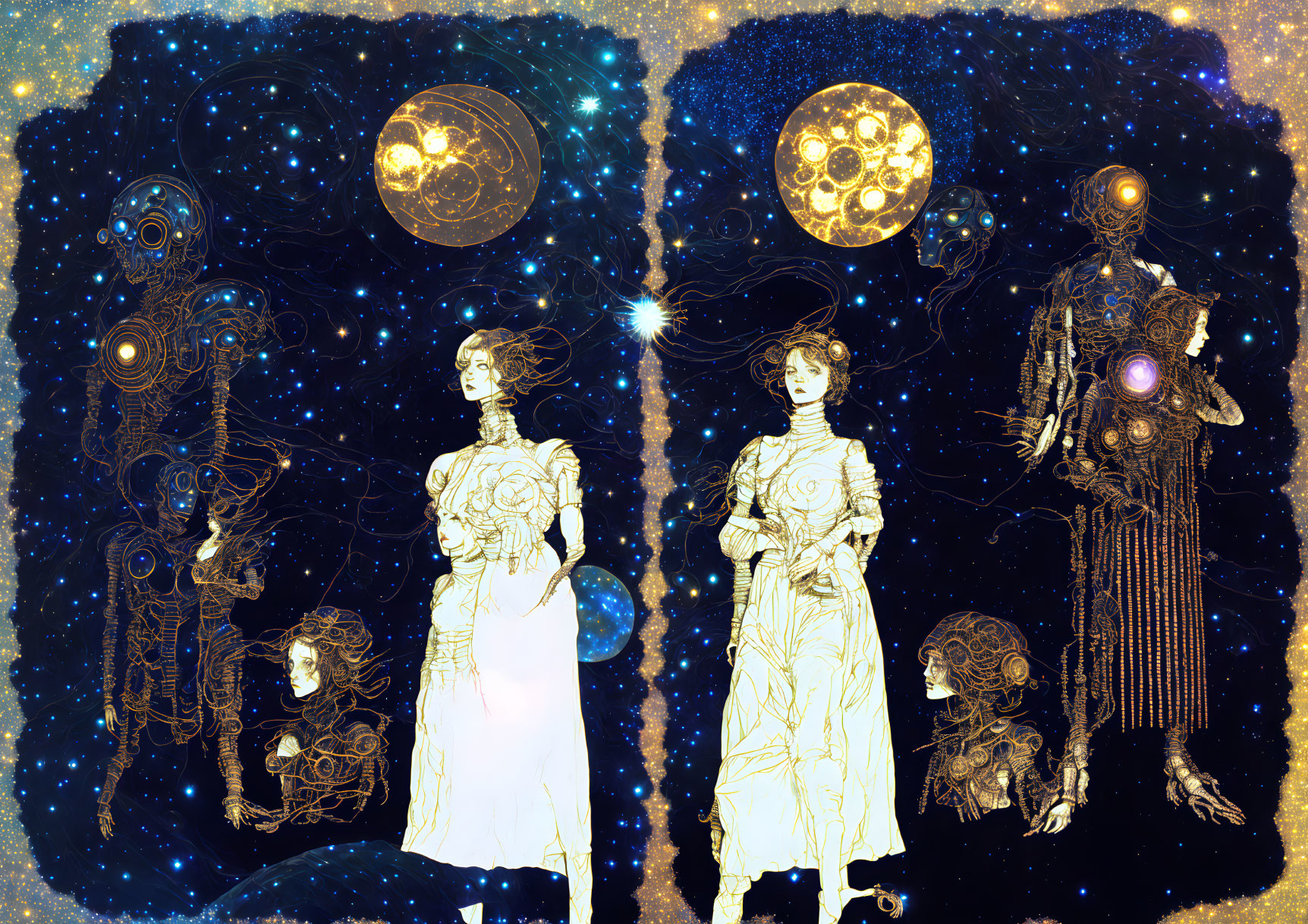 Two Women in White Dresses with Cosmic and Astrological Elements