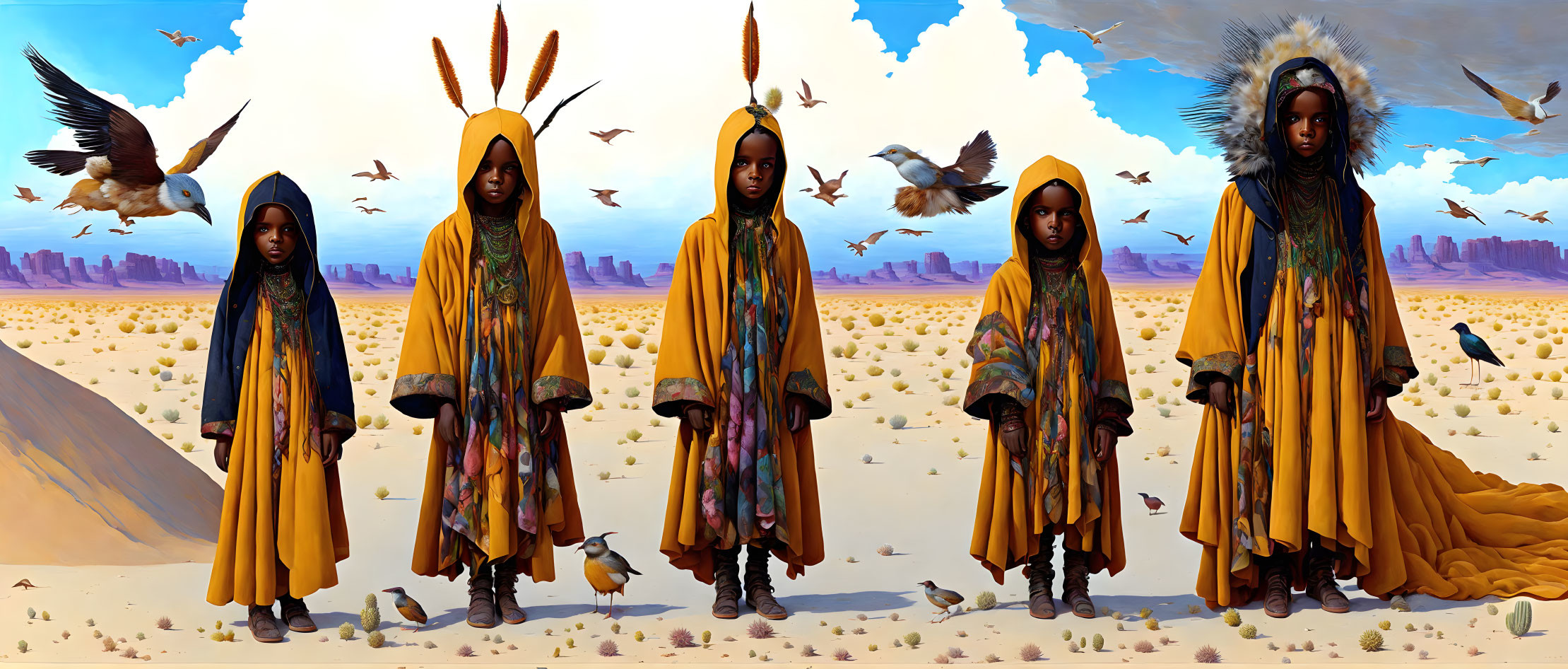 Panoramic desert artwork with five figures in colorful robes and headdresses