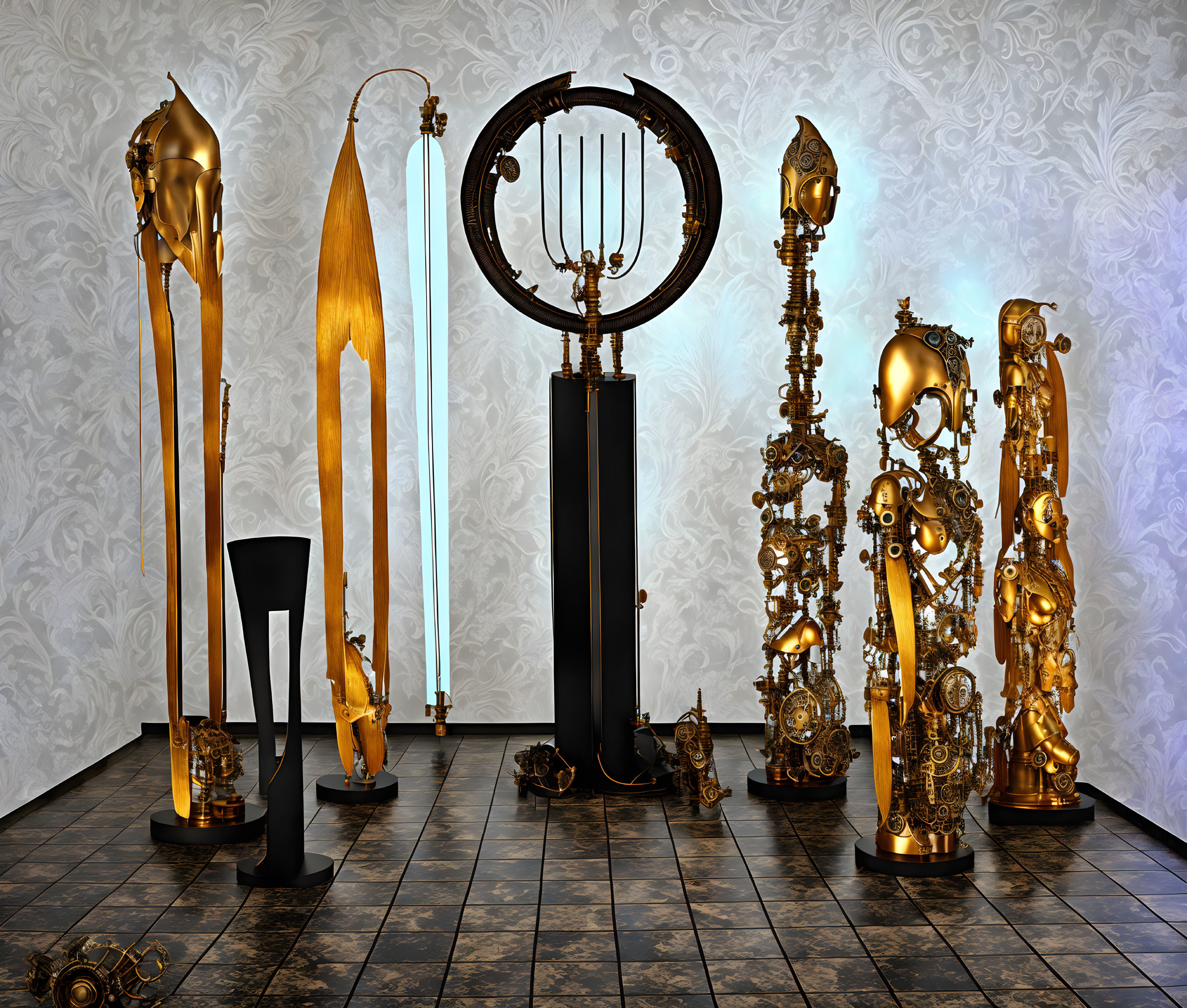 Golden steampunk sculptures on checkered floor with wallpapered background