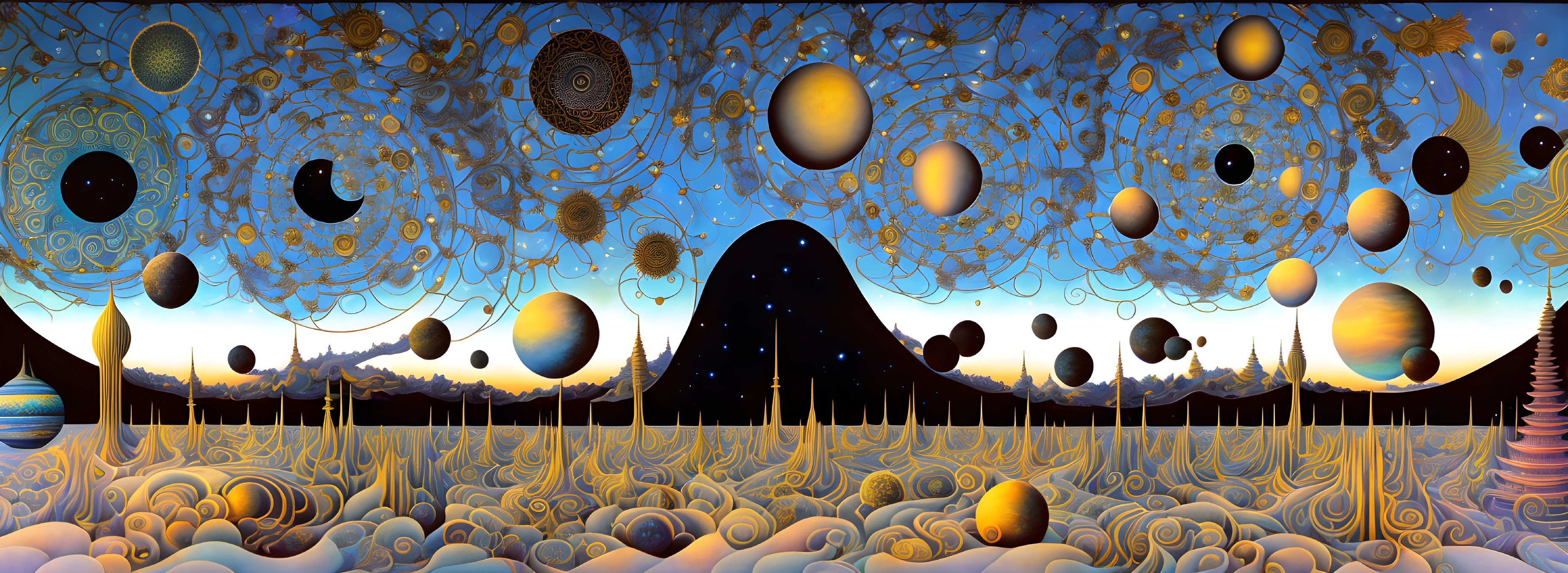 Panoramic surreal landscape with celestial bodies and mountain under starry sky