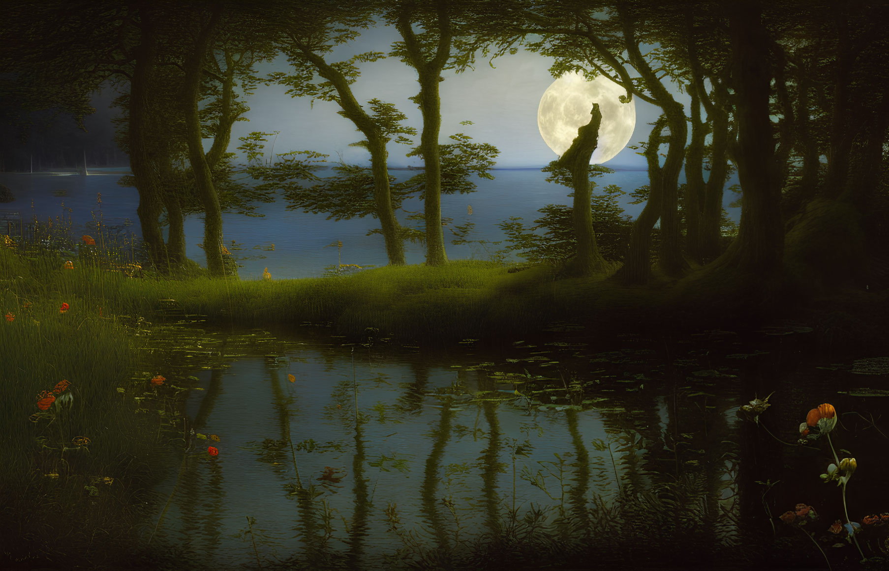 Full Moon Night Landscape with Forest, Pond, and Flowers