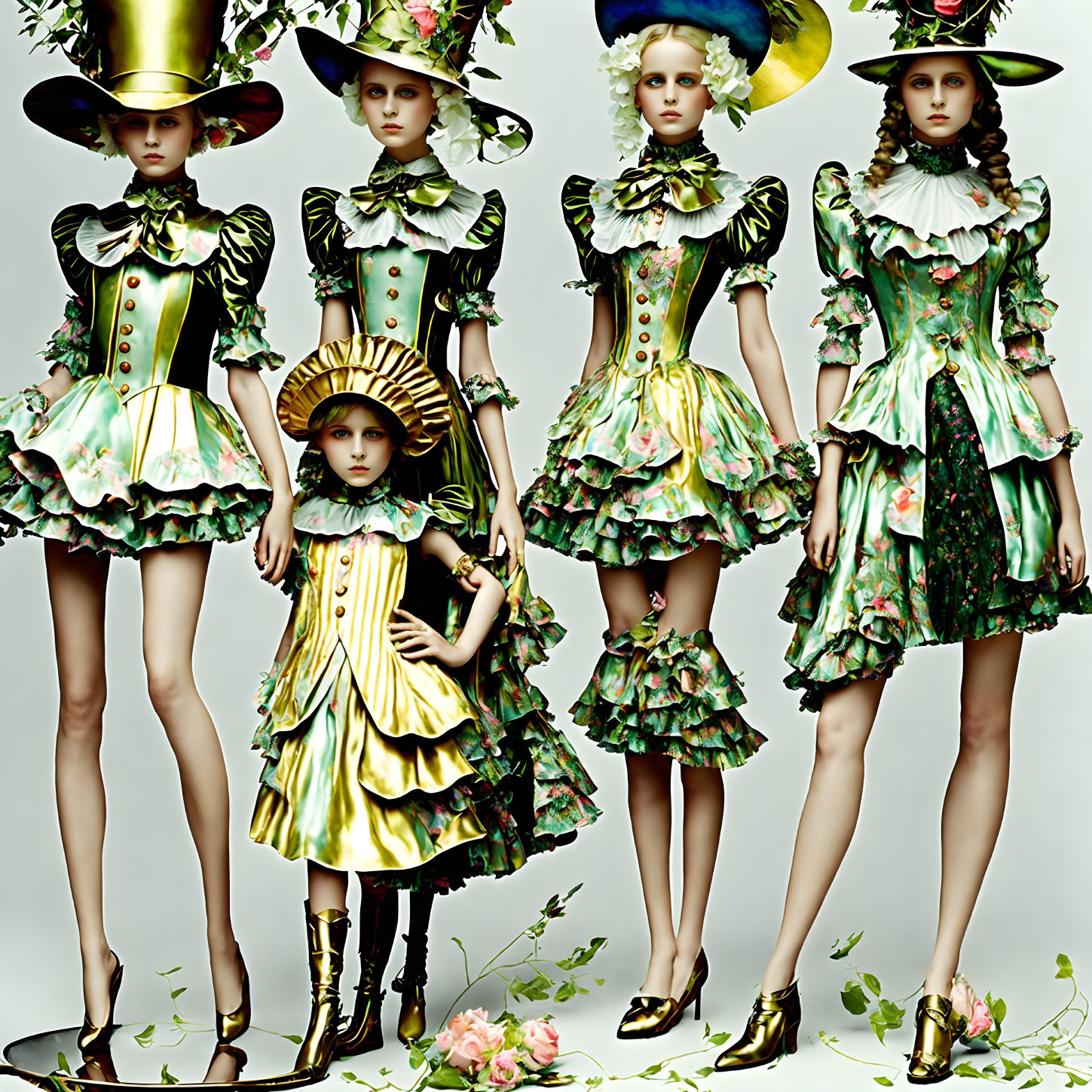 Five models in extravagant floral dresses with ruffled skirts and oversized hats in a coordinated fashion look