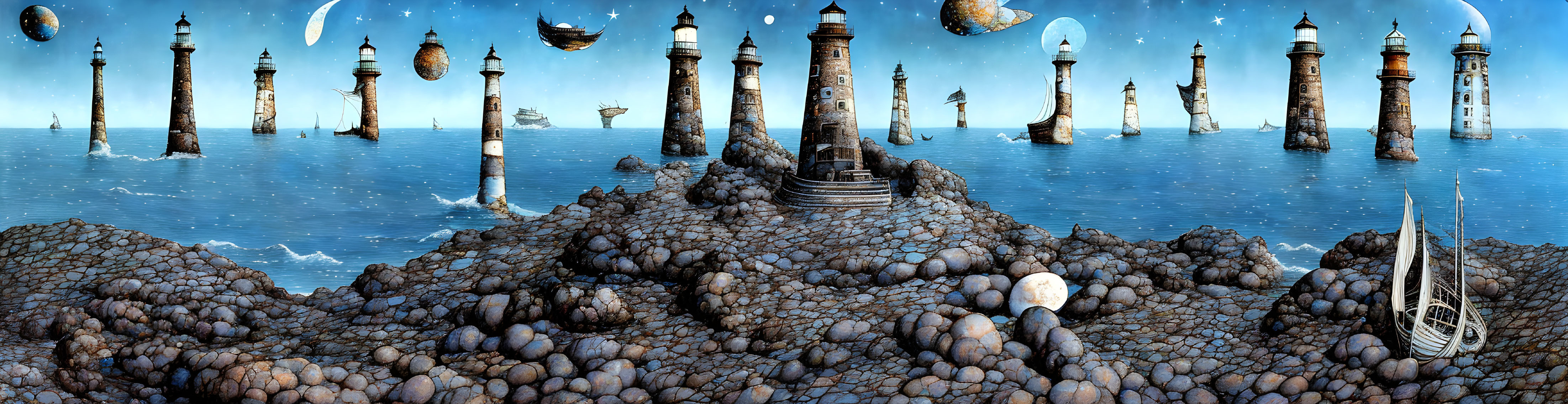 Seascape with floating islands, lighthouses, rocky shore & boat