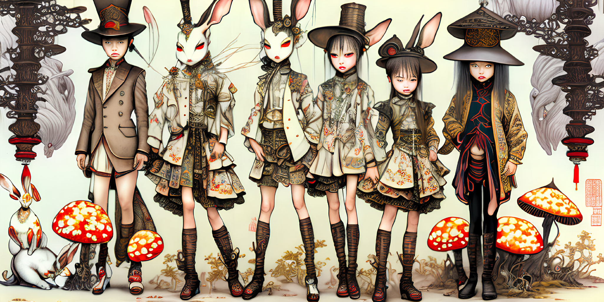 Anthropomorphic rabbits in Victorian attire with toadstools and winged rabbit