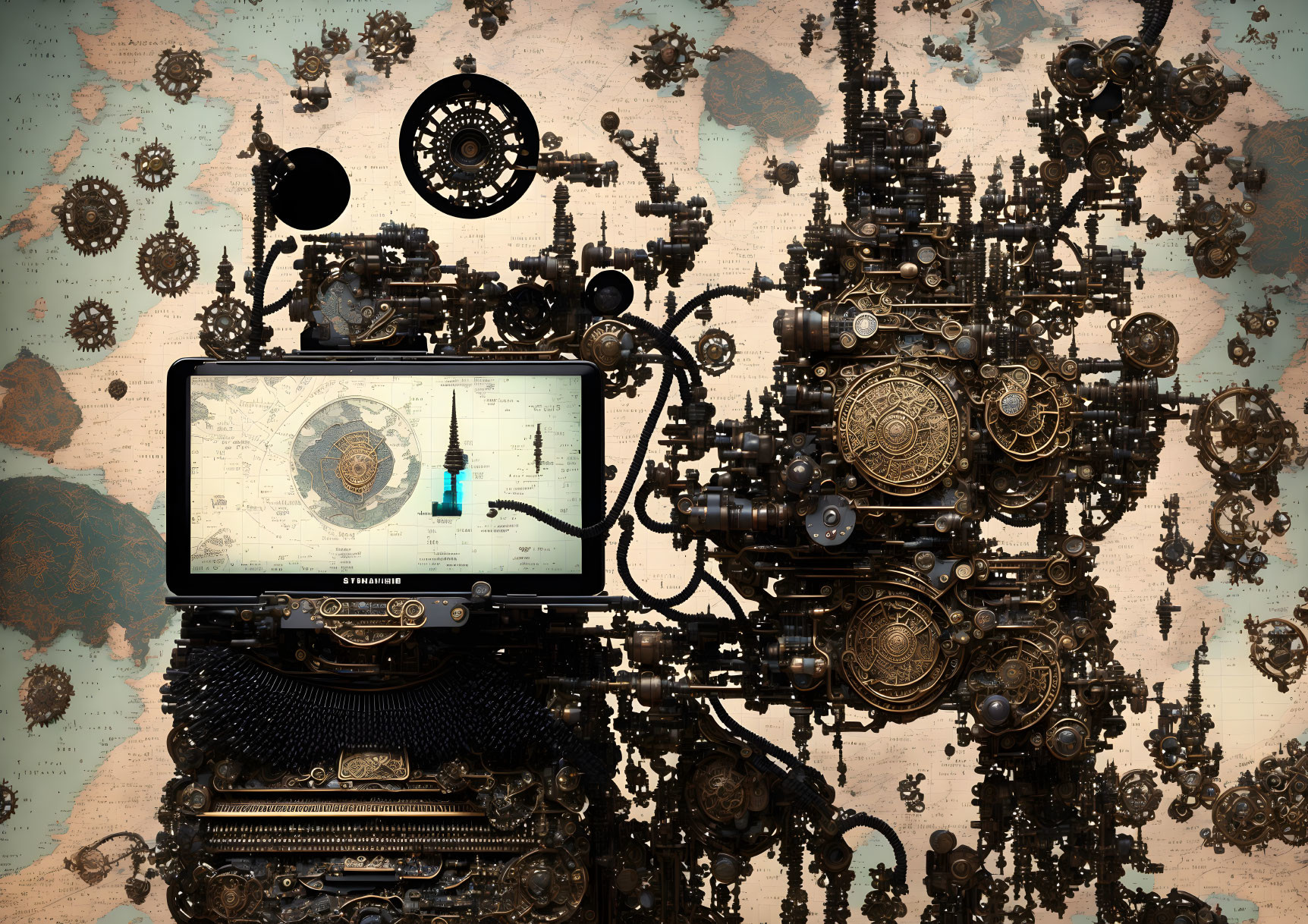 Surreal steampunk montage with smartphone, vintage map, cogs, and gears