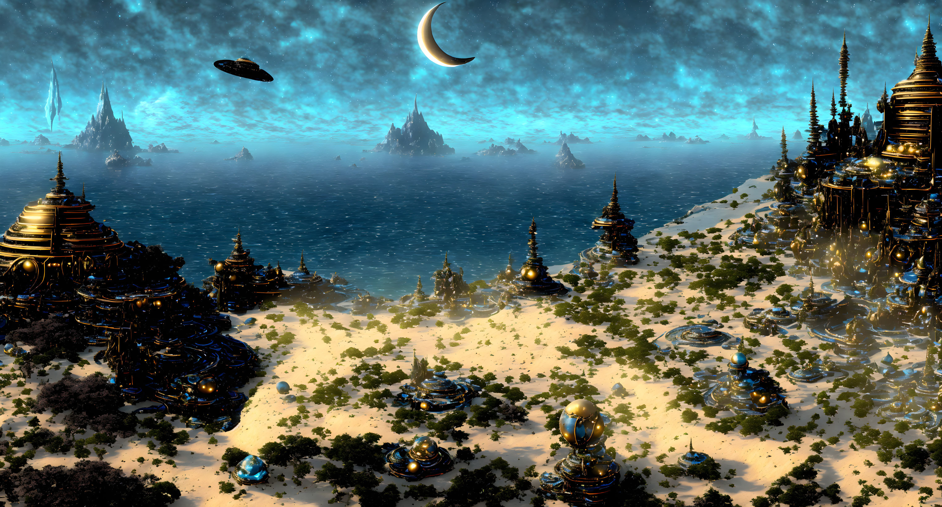 Fantastical landscape with golden spired buildings, desert, orbs, crescent moon, spaceship.