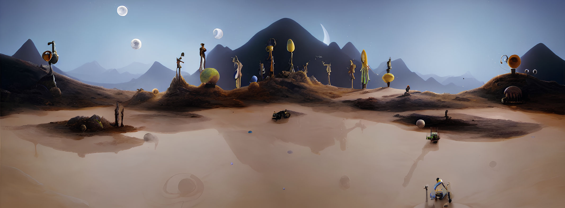 Surreal alien landscape with mountains, moons, robots, and futuristic structures