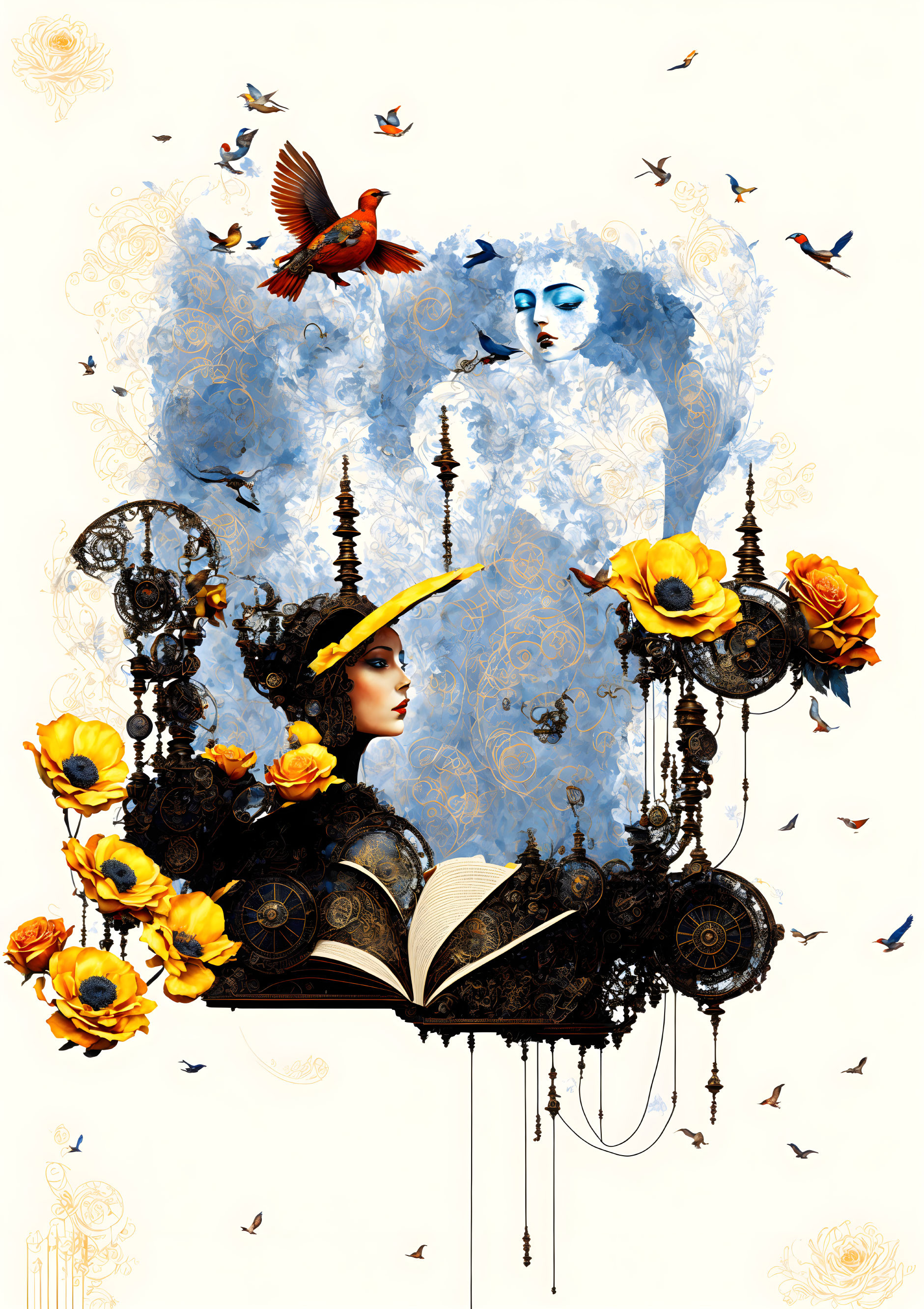 Surreal artwork: Faces, book, mechanical elements, flowers, birds