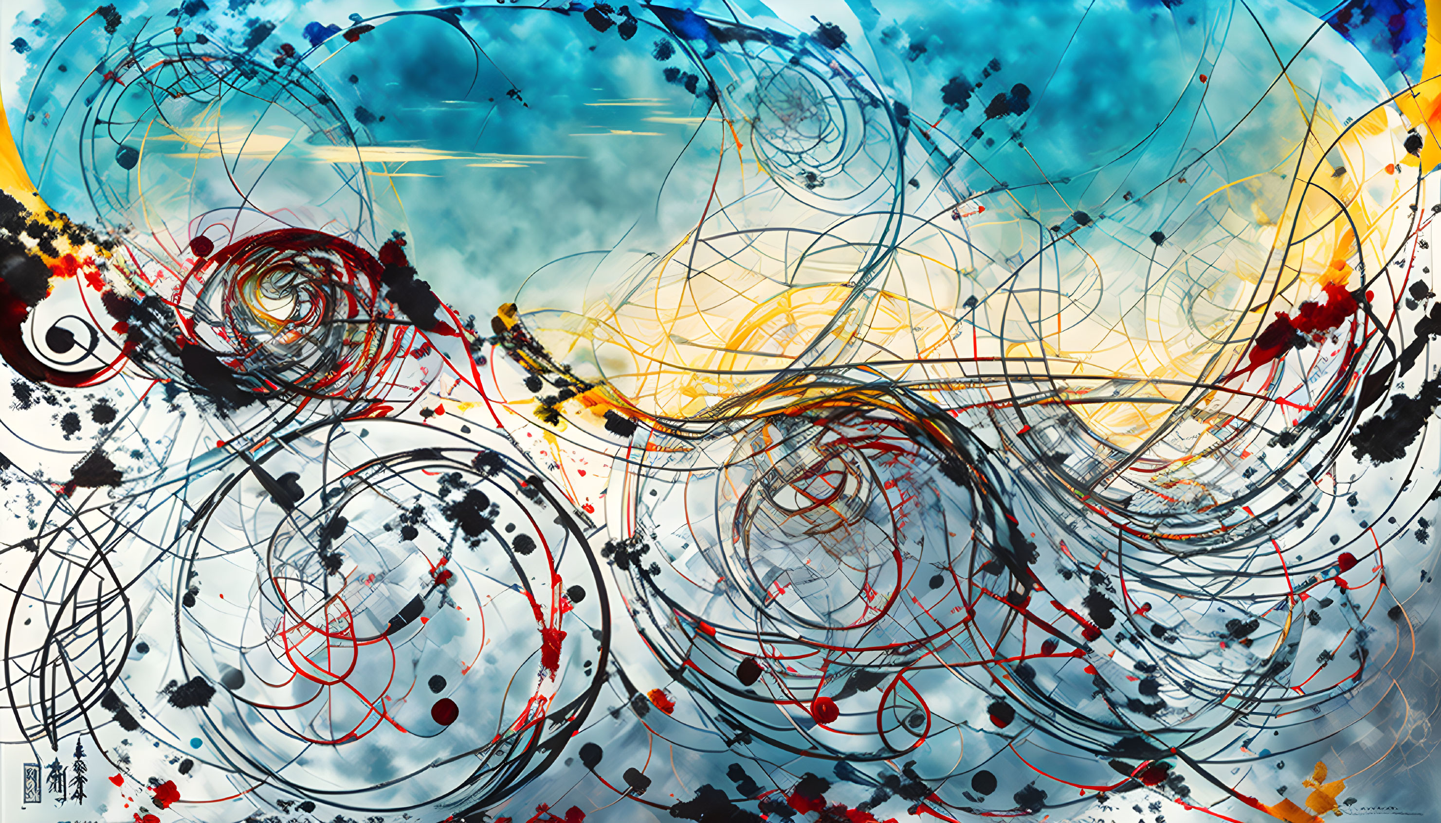 Colorful Abstract Art: Swirls, Splatters, and Ink Drops in Blue, Yellow,