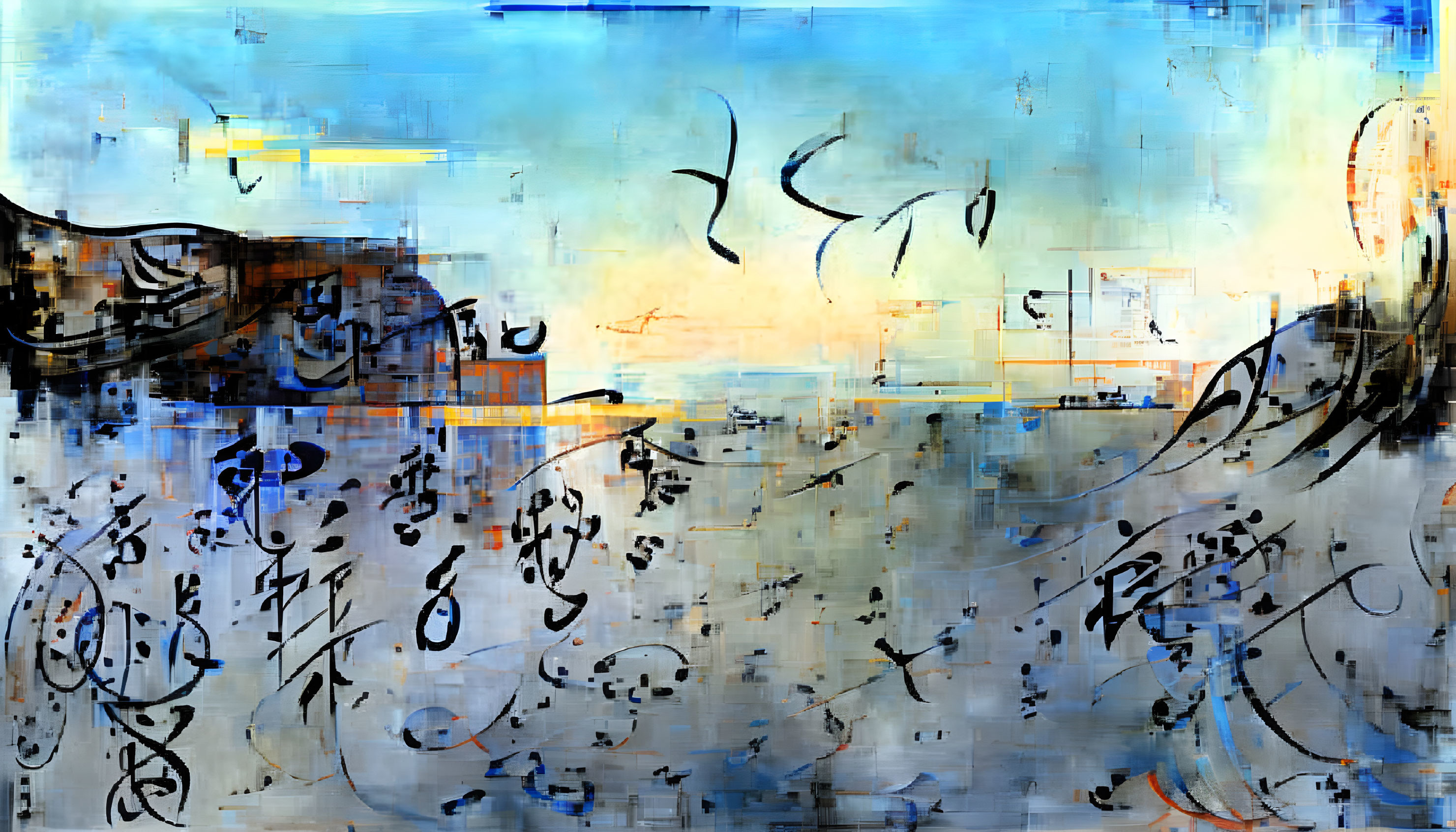 Layered Calligraphic Strokes on Colorful Abstract Painting