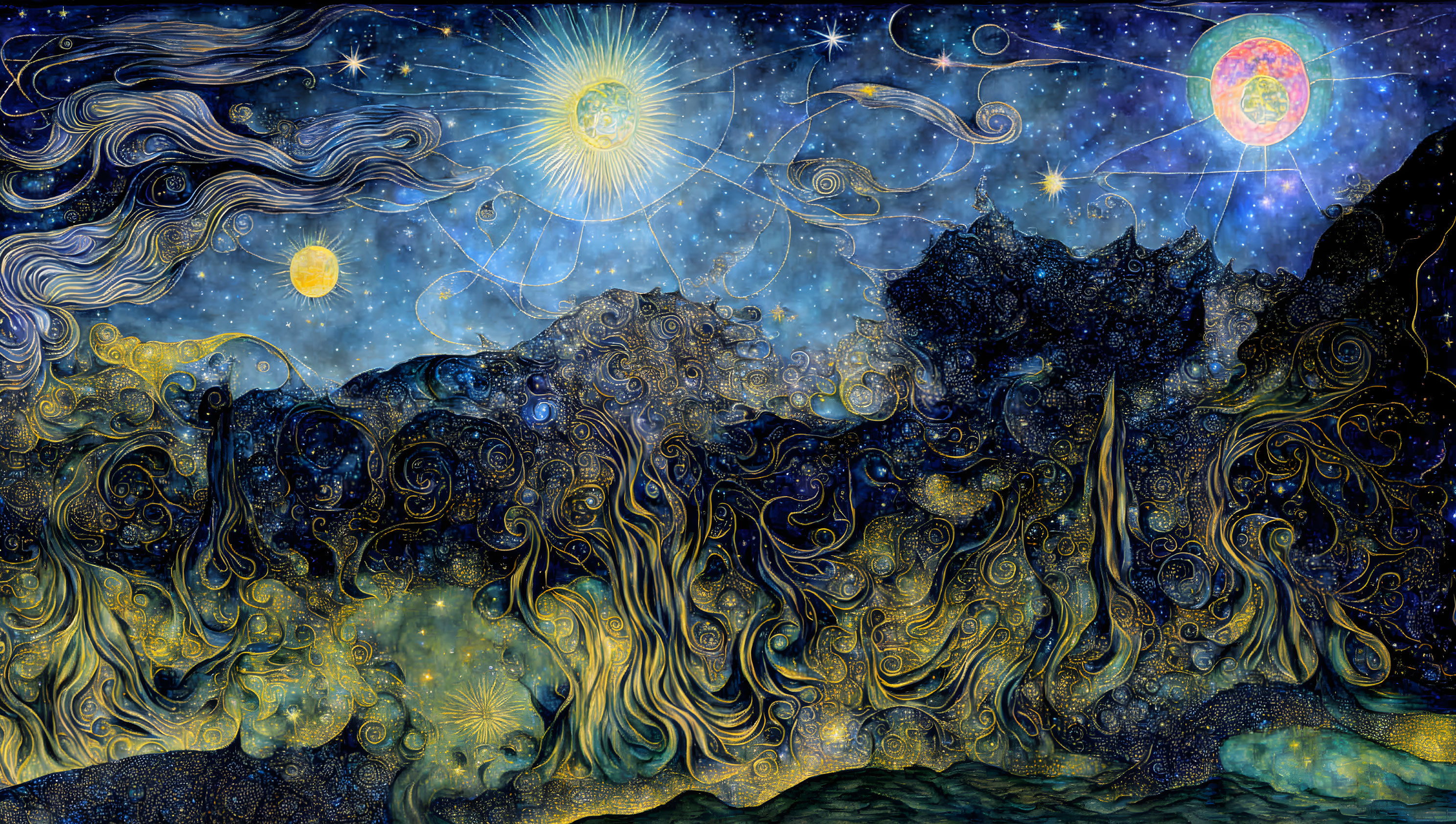 Celestial bodies and stars in Van Gogh-inspired painting