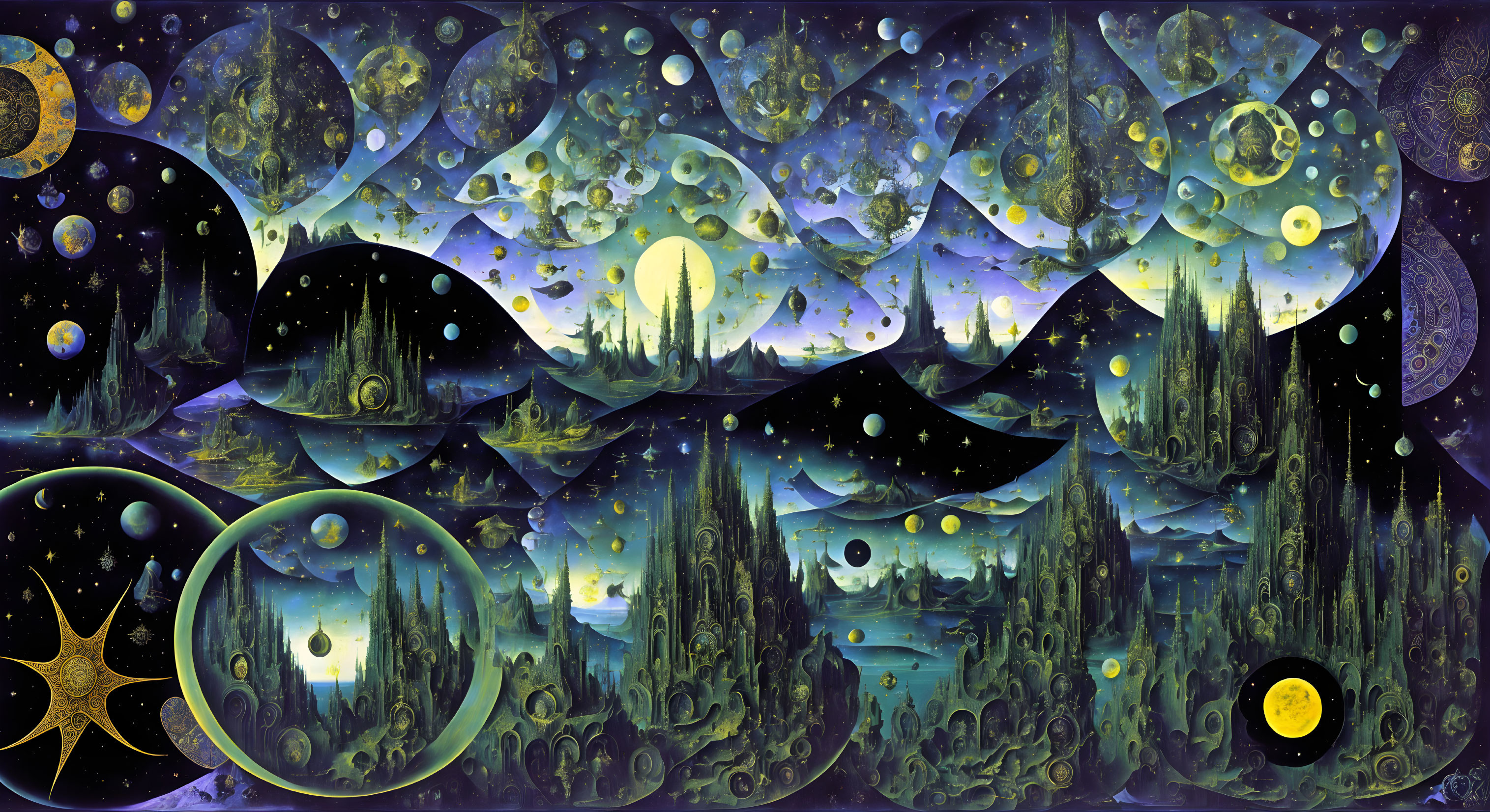 Surreal cosmic landscape with multiple moons and stars