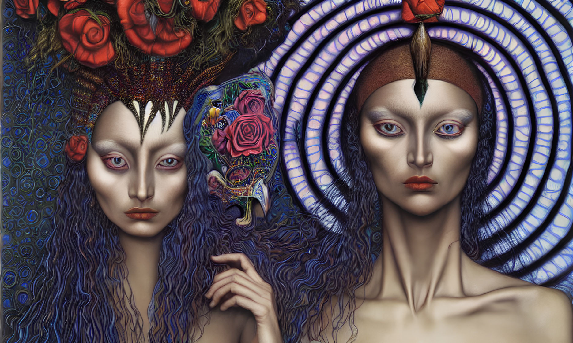 Stylized female figures with intricate headpieces and surrealistic makeup