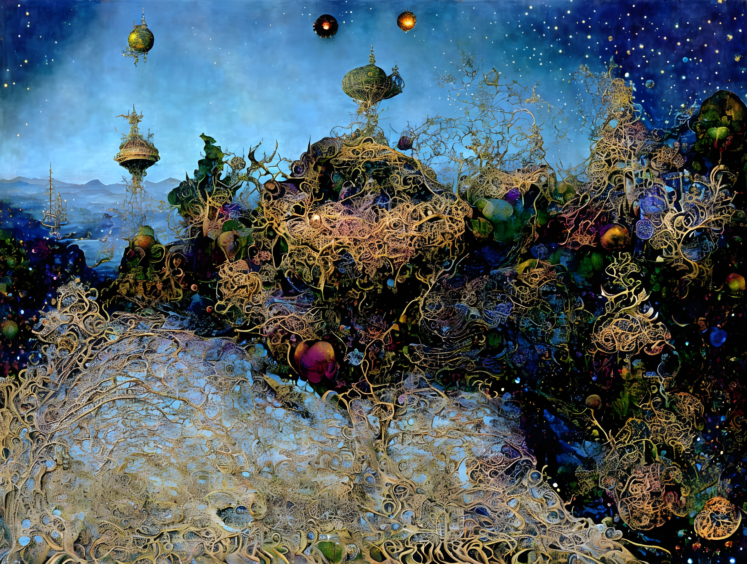 Surreal cosmic landscape with tree-like structures and floating orbs