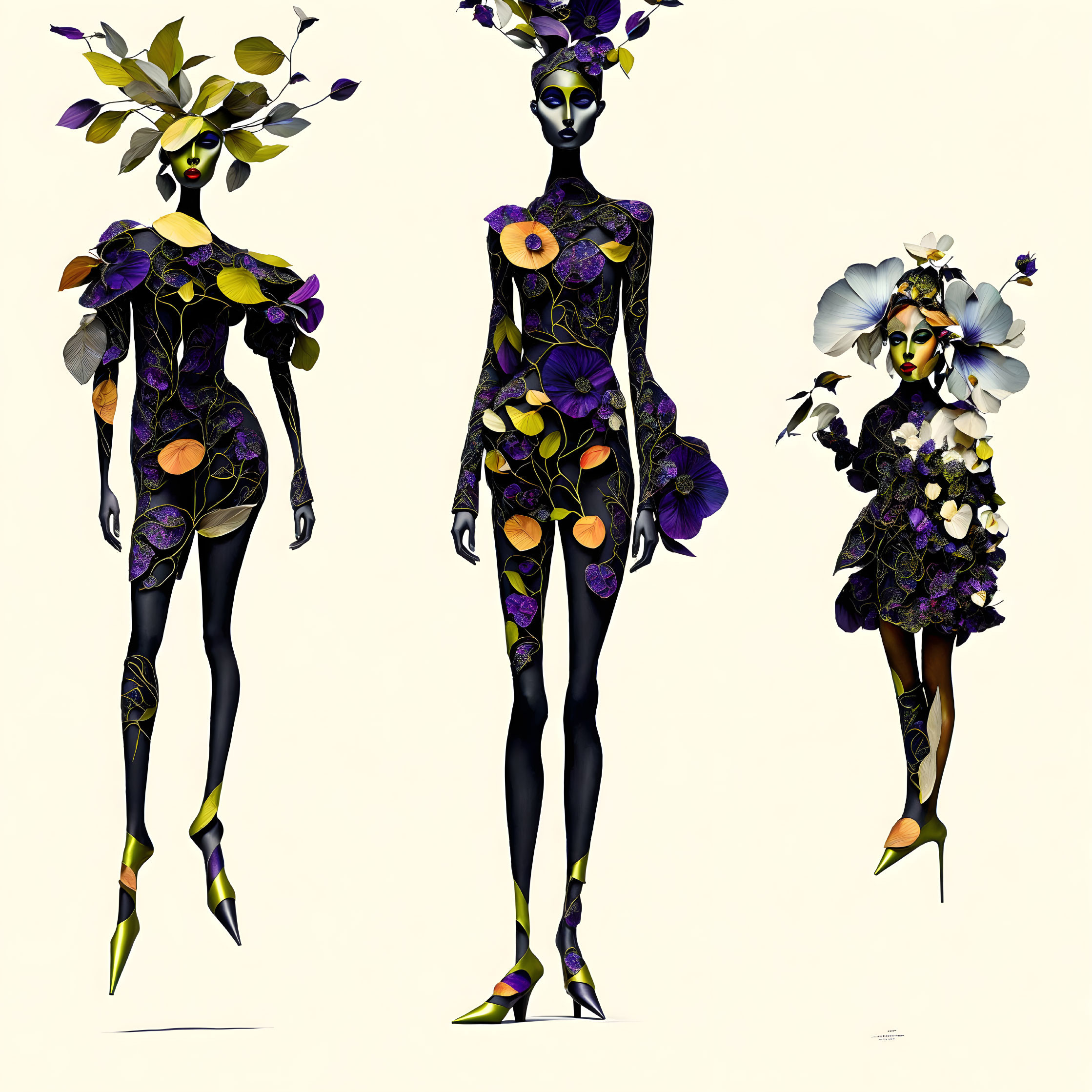 Stylized female figures with elongated limbs and floral adornments on neutral background