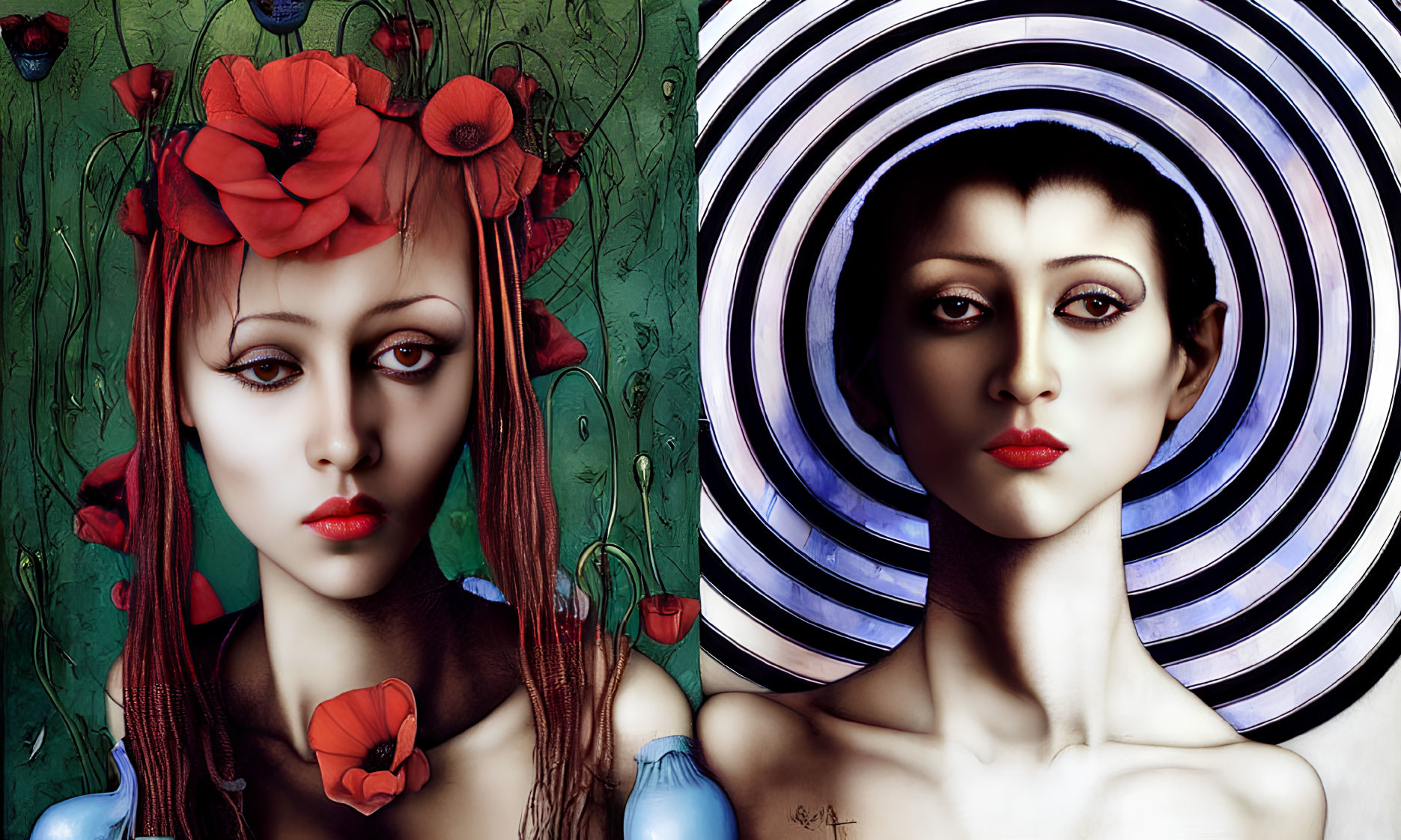 Stylized women portraits: one with red poppies, one with black-and-white circles