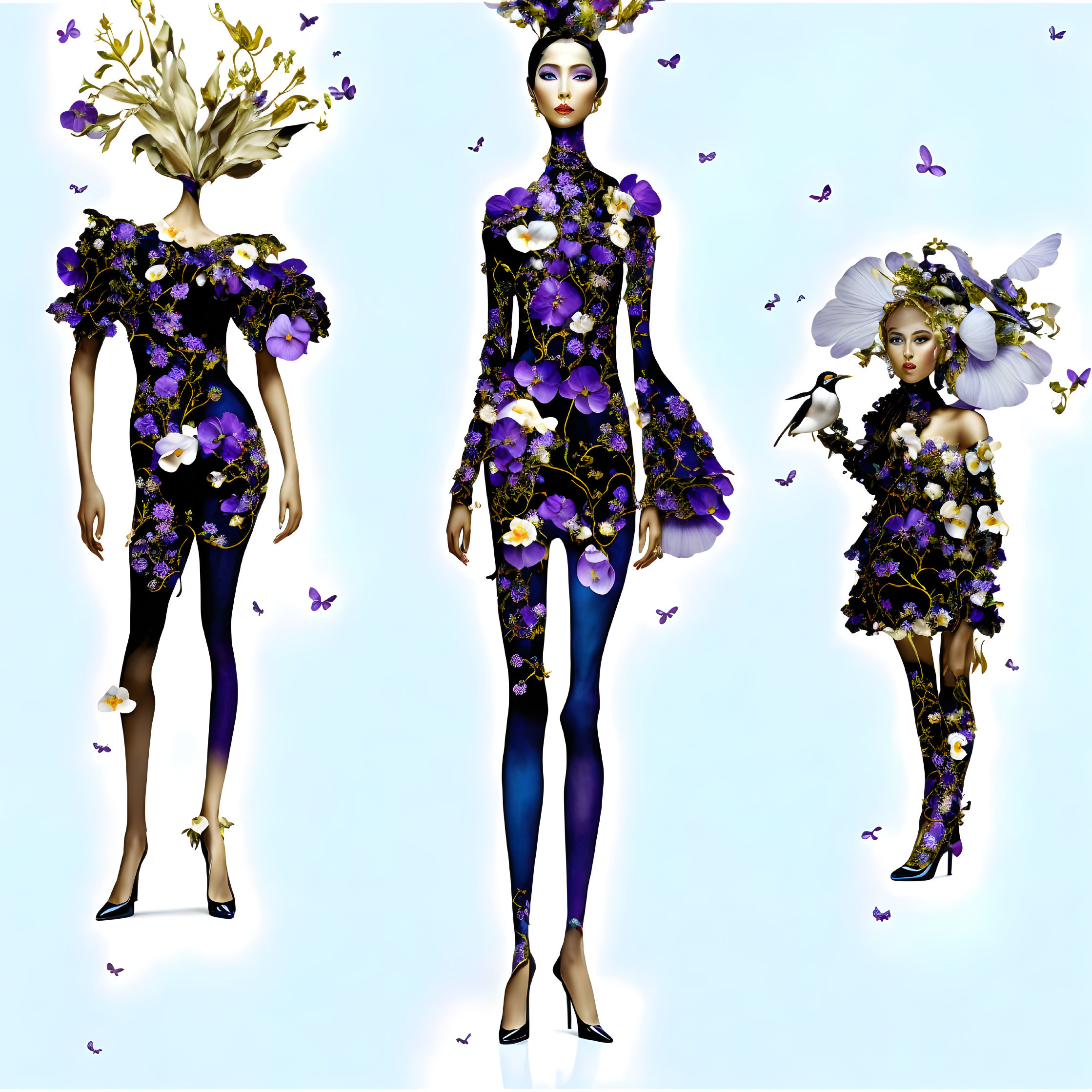 Three renderings of model in floral-themed outfit with butterflies on blue background