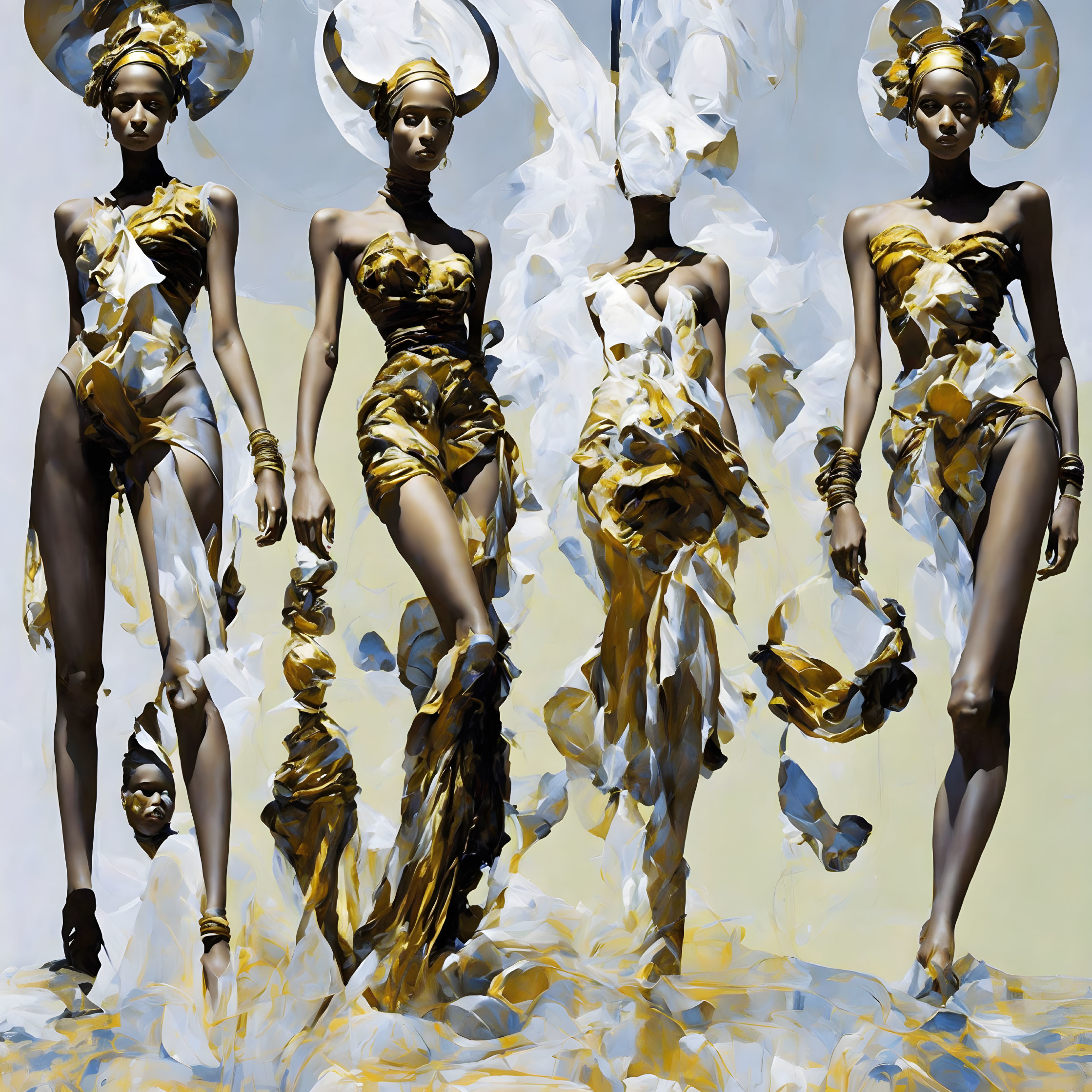 Golden draped figures in dynamic poses on creamy backdrop