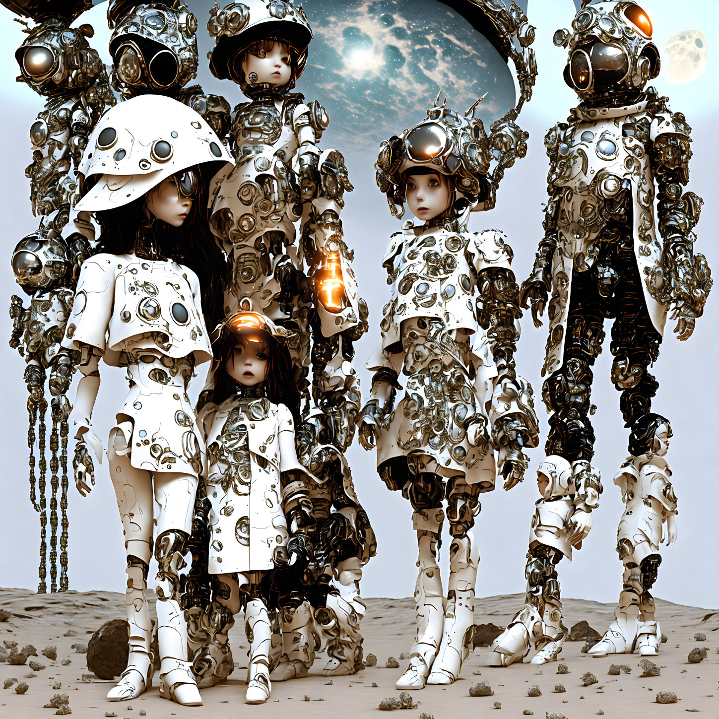 Humanoid Figures with Mechanical Designs in Desert Landscape under Celestial Sky