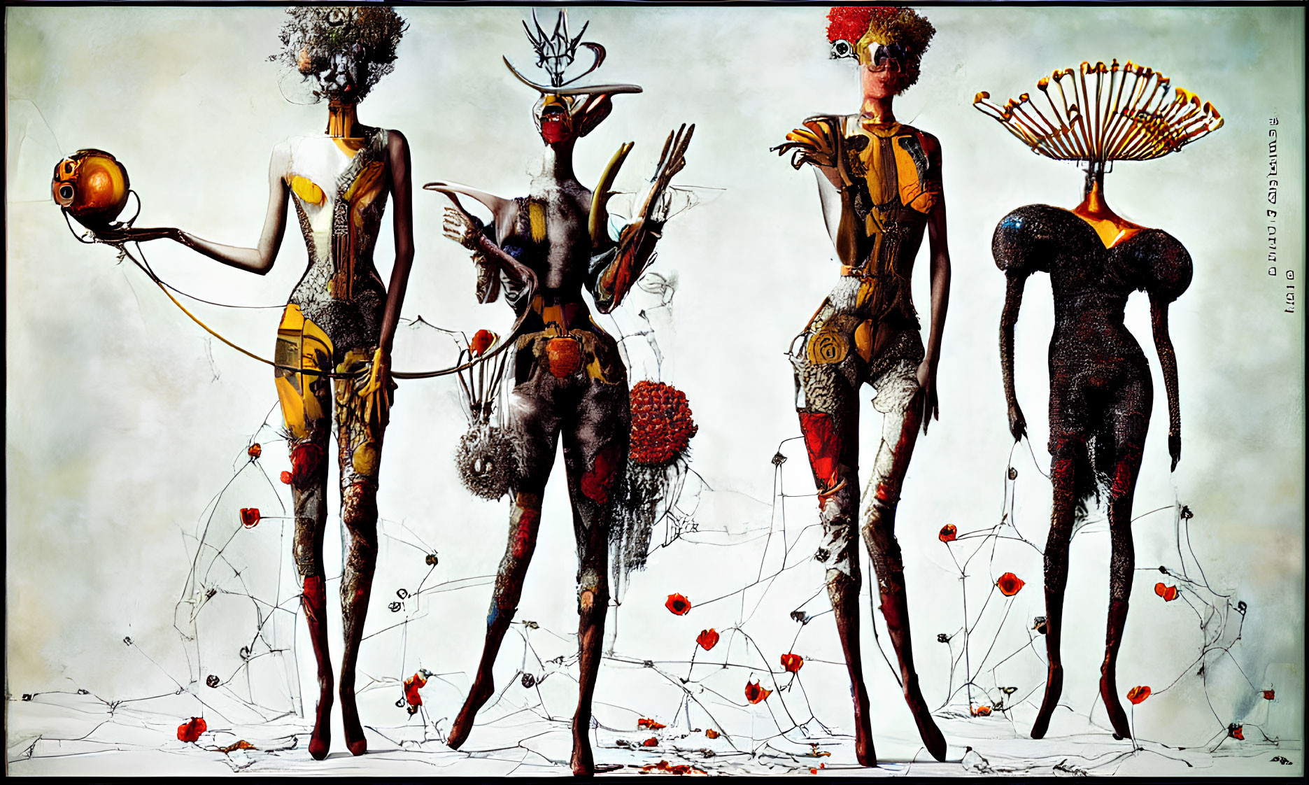 Four Stylized Figures with Unique Headpieces and Body Patterns on White Background with Red Flowers and Threads