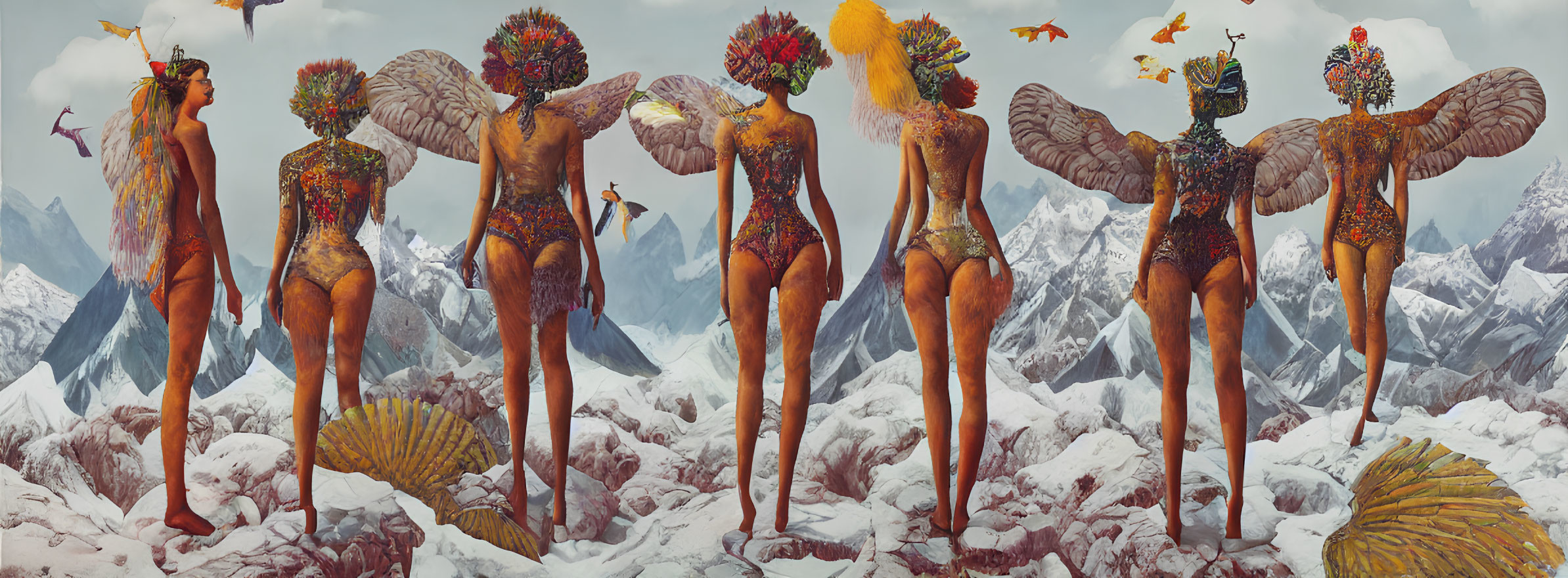 Panoramic artwork of four fantastical beings in snowy mountain landscape