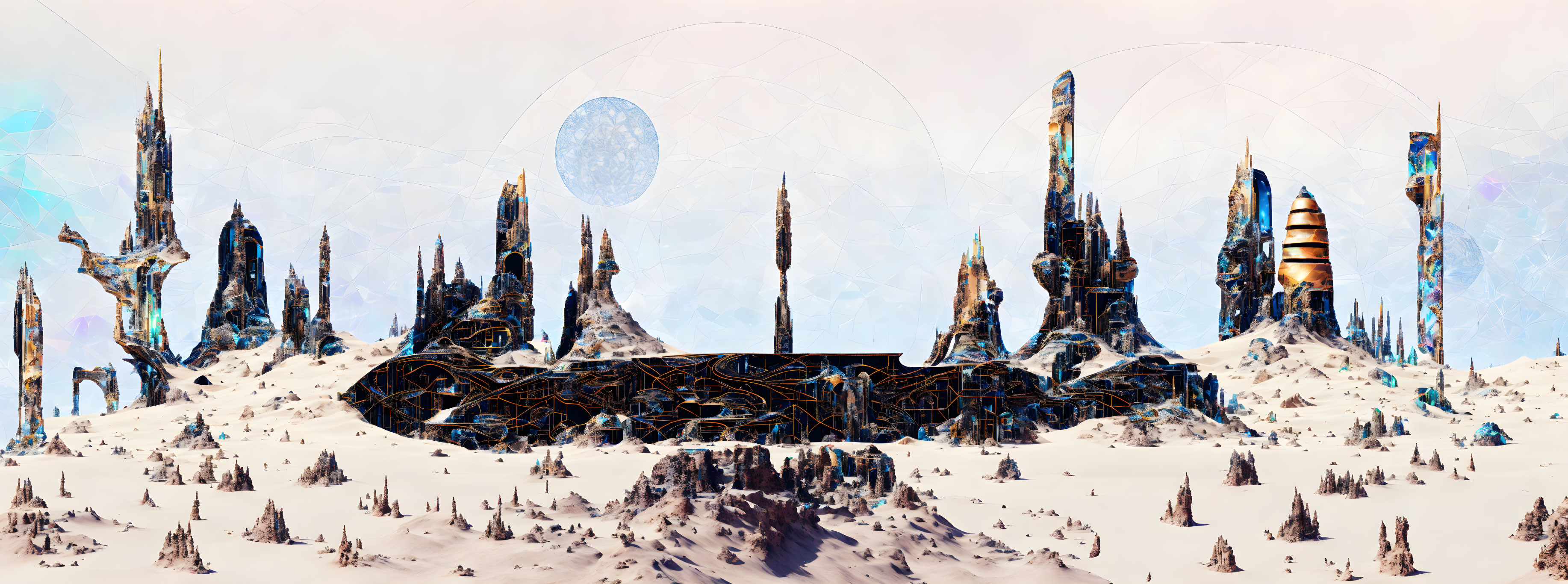 Snowy alien landscape with futuristic structures and blue moon