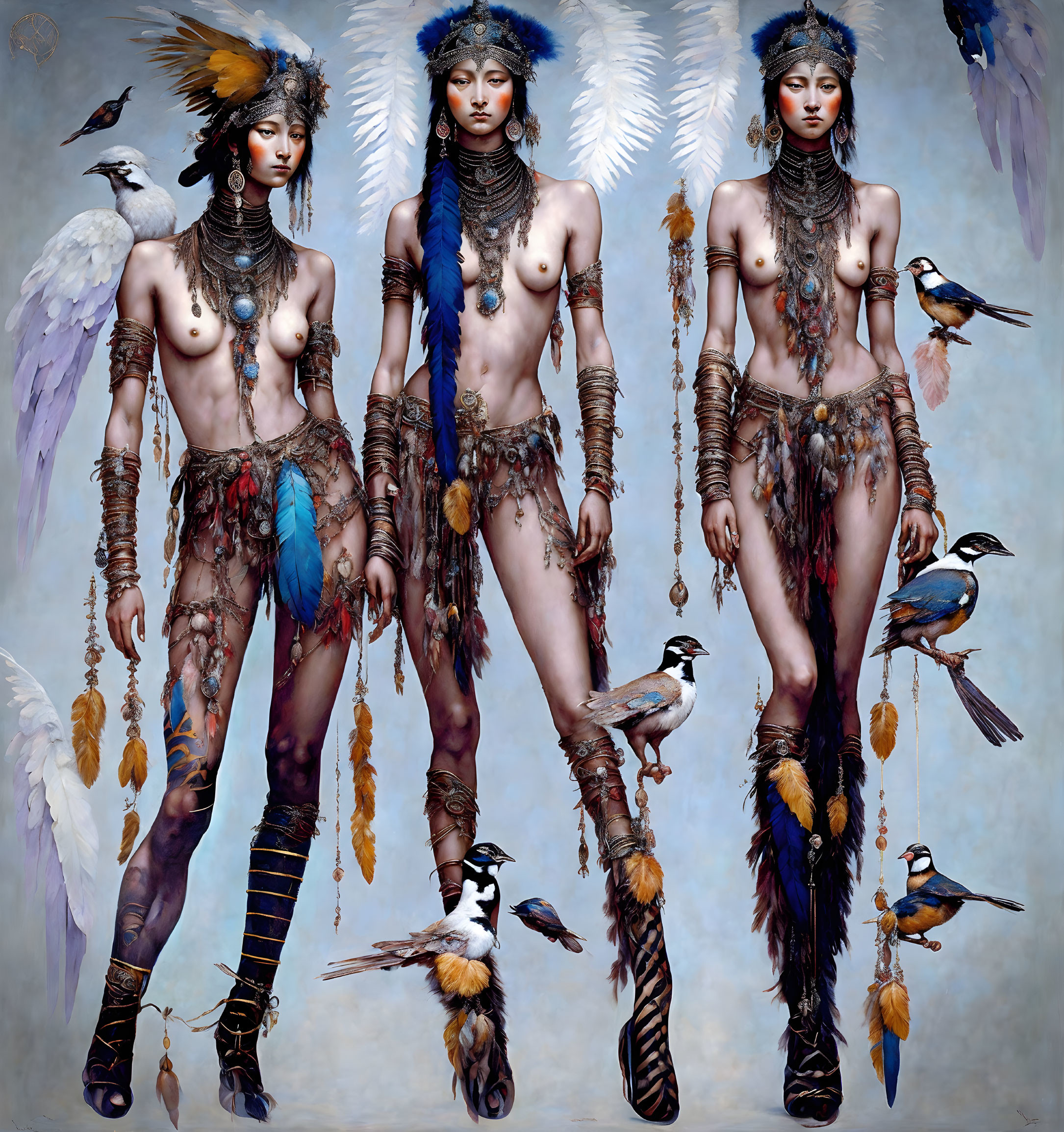 Three illustrations of a woman with feathers and beads, birds, tribal/fantasy theme