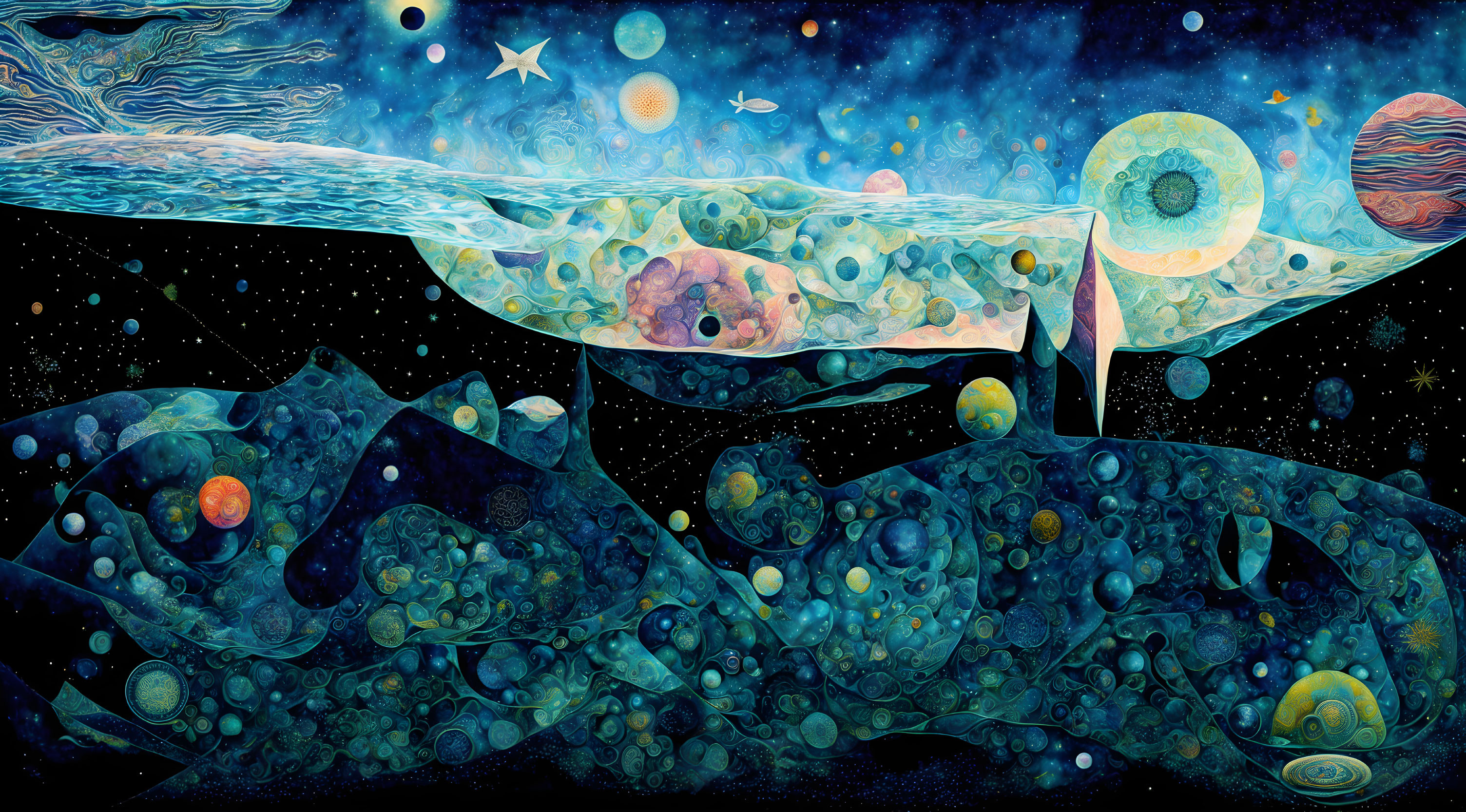 Colorful surreal cosmic bodies blending in starry space