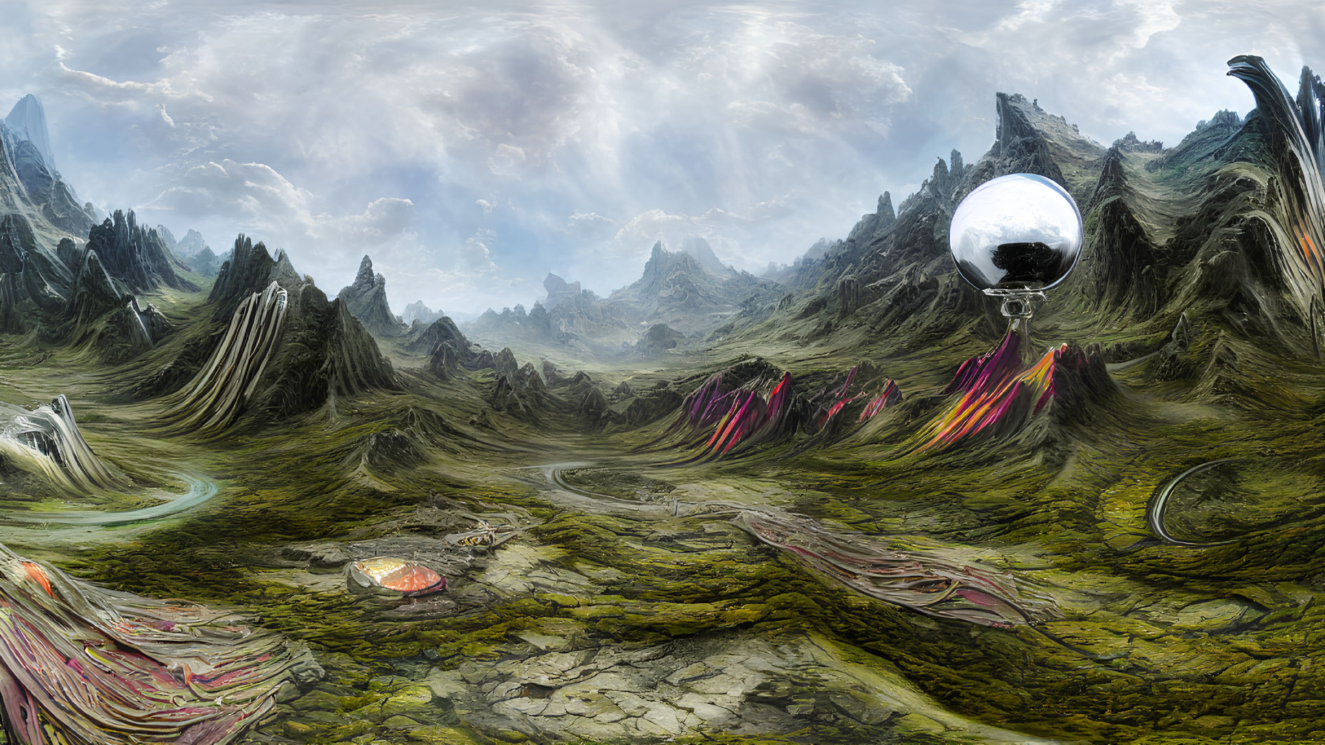 Surreal landscape with jagged mountains, floating structure, vibrant streaks, and winding pathways