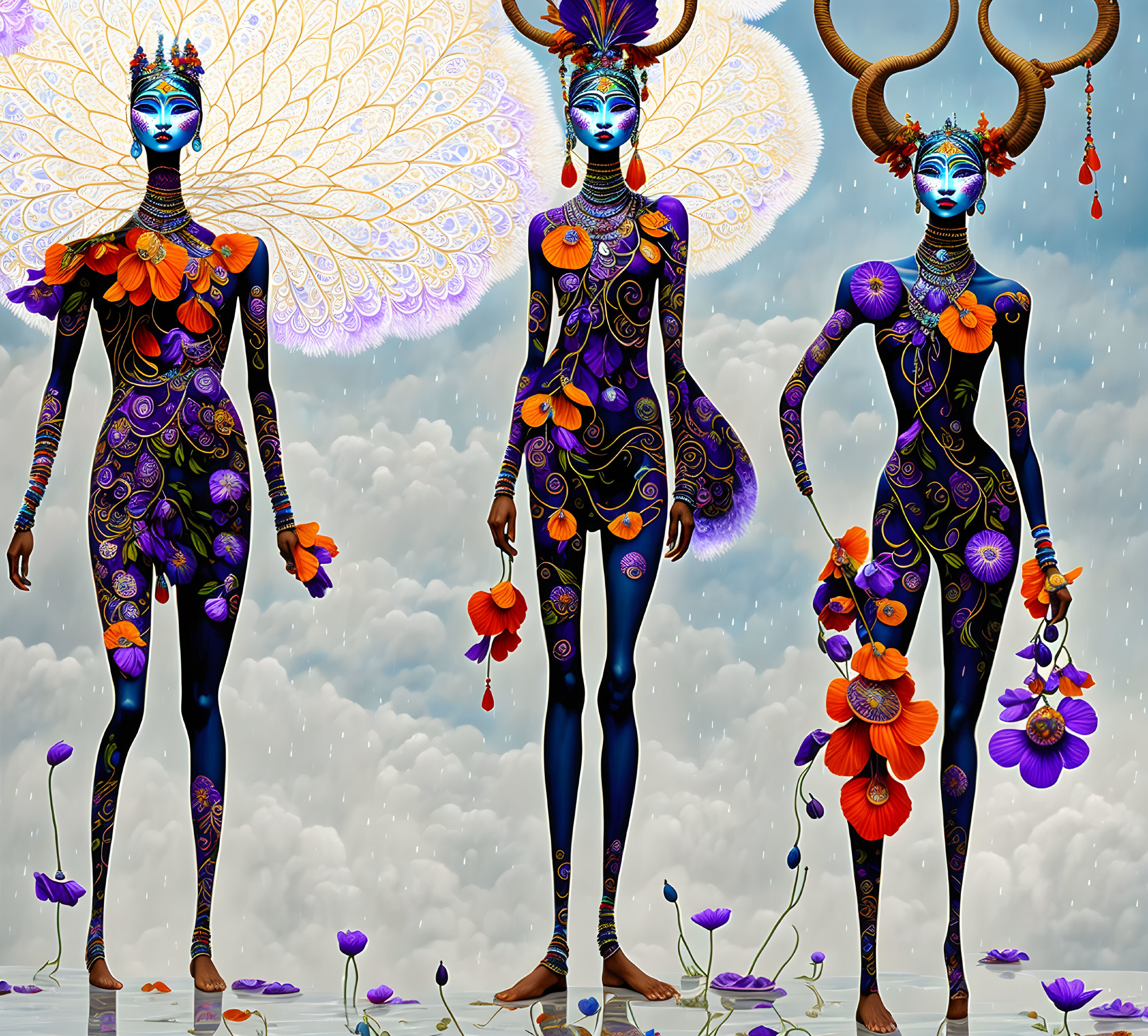 Colorful figures with body art and headdresses among vibrant flowers