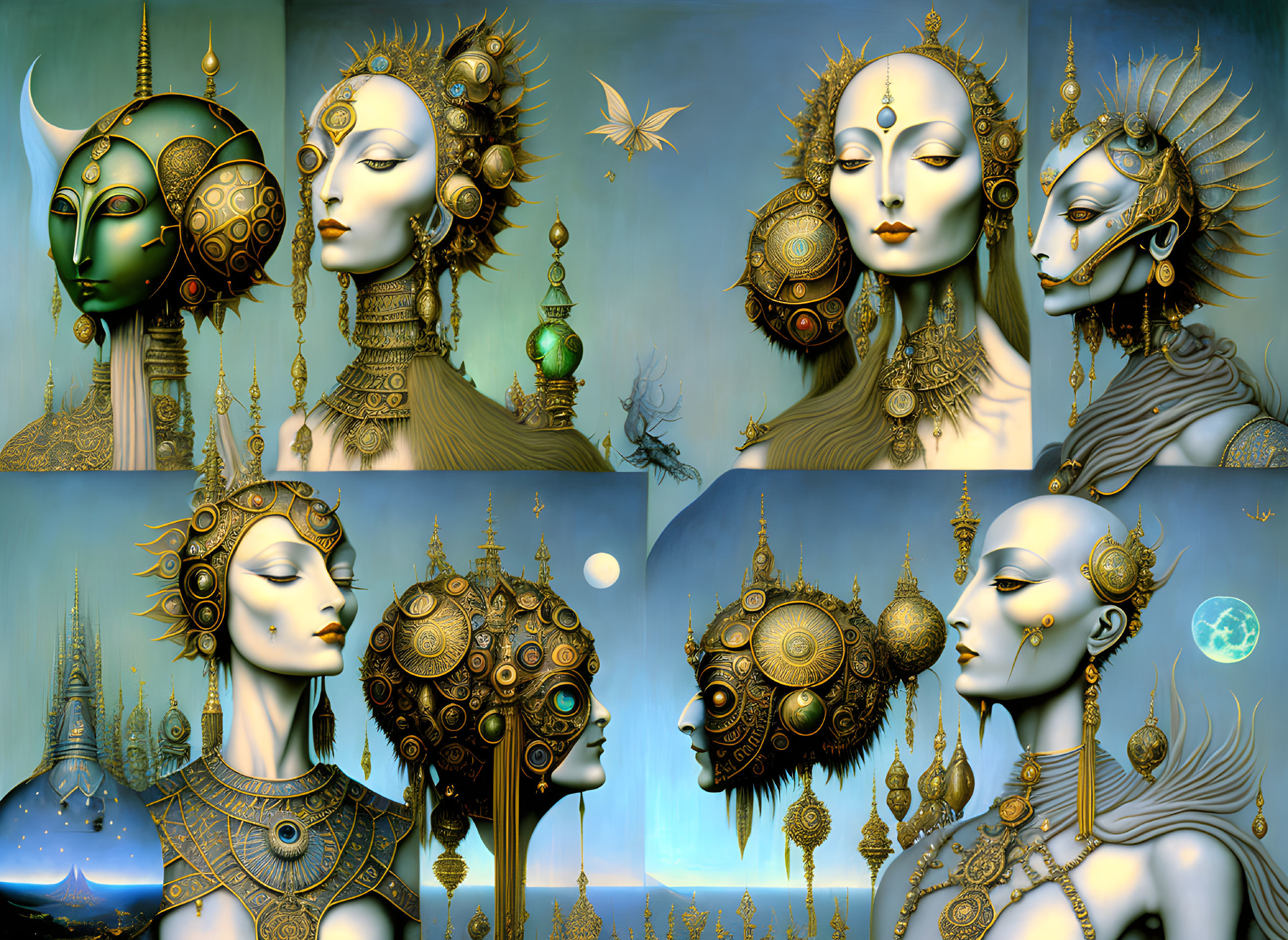 Ornate robotic figures with intricate headpieces in eight portraits against blue backdrop