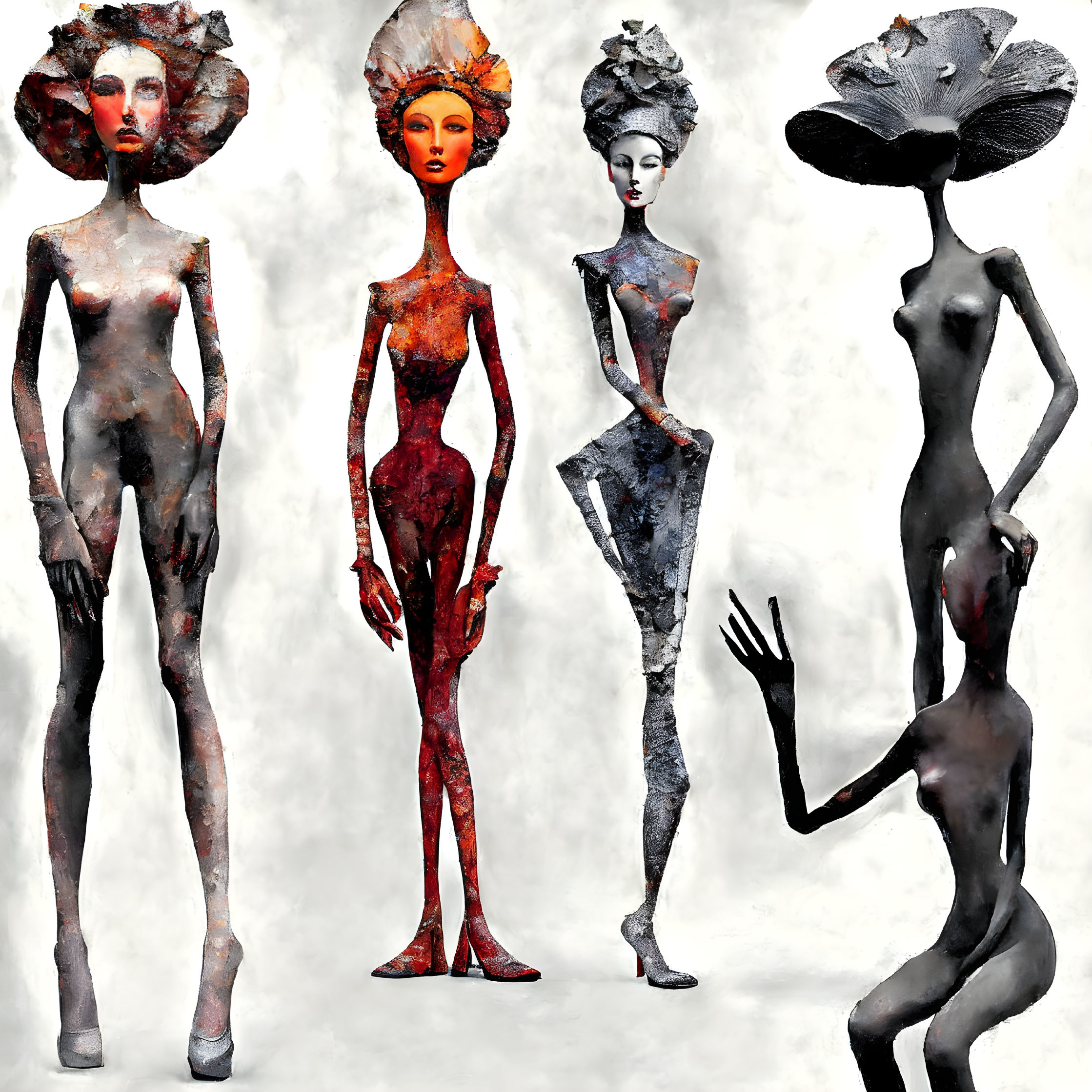 Abstract depiction of four stylized female figures with elongated forms and unique headpieces