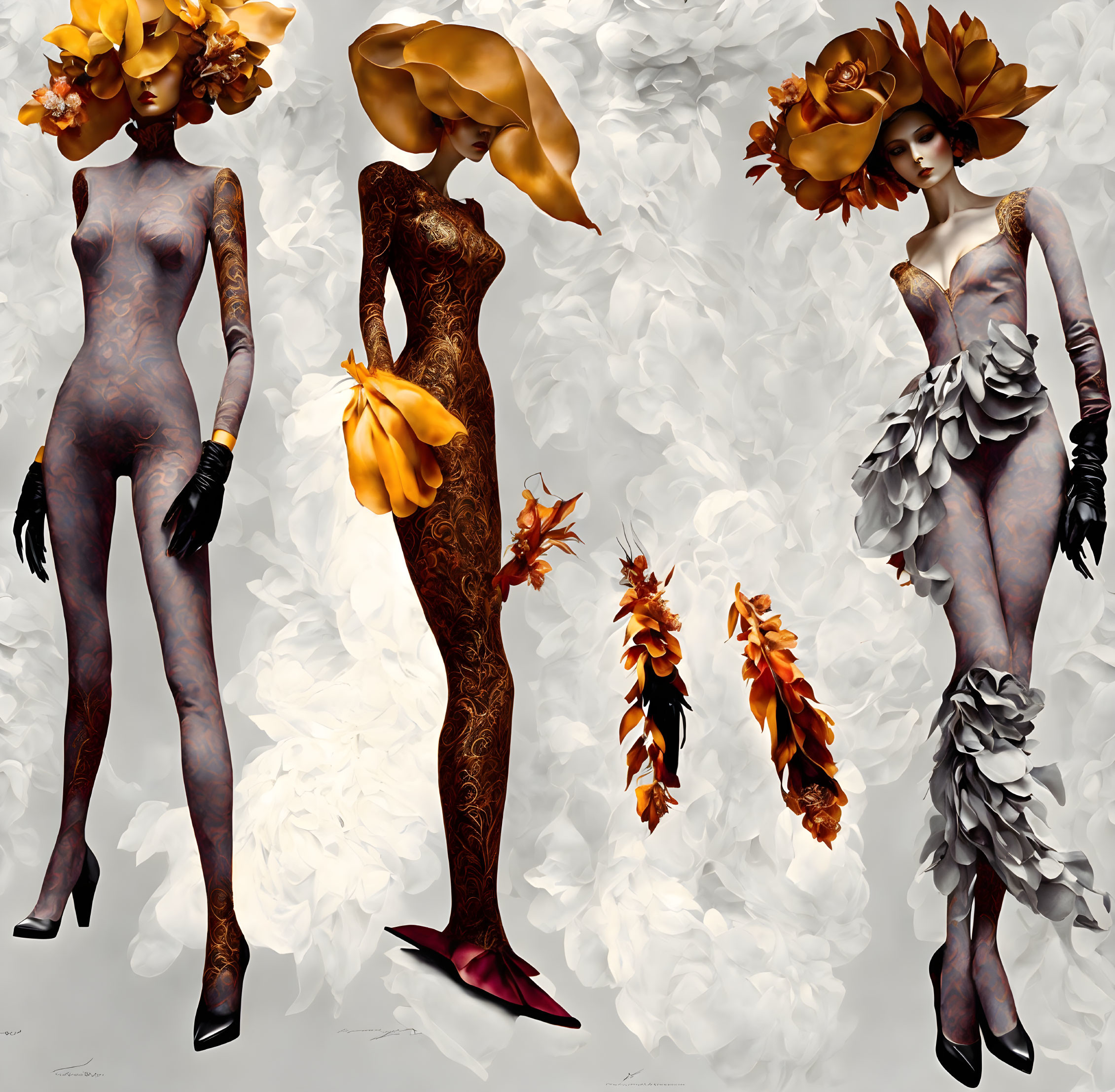 Stylized female figures in ornate bodysuits with floral motifs