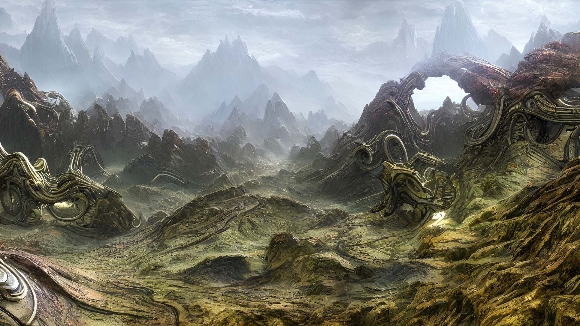 Desolate rocky terrain with alien-like organic structures under cloudy sky