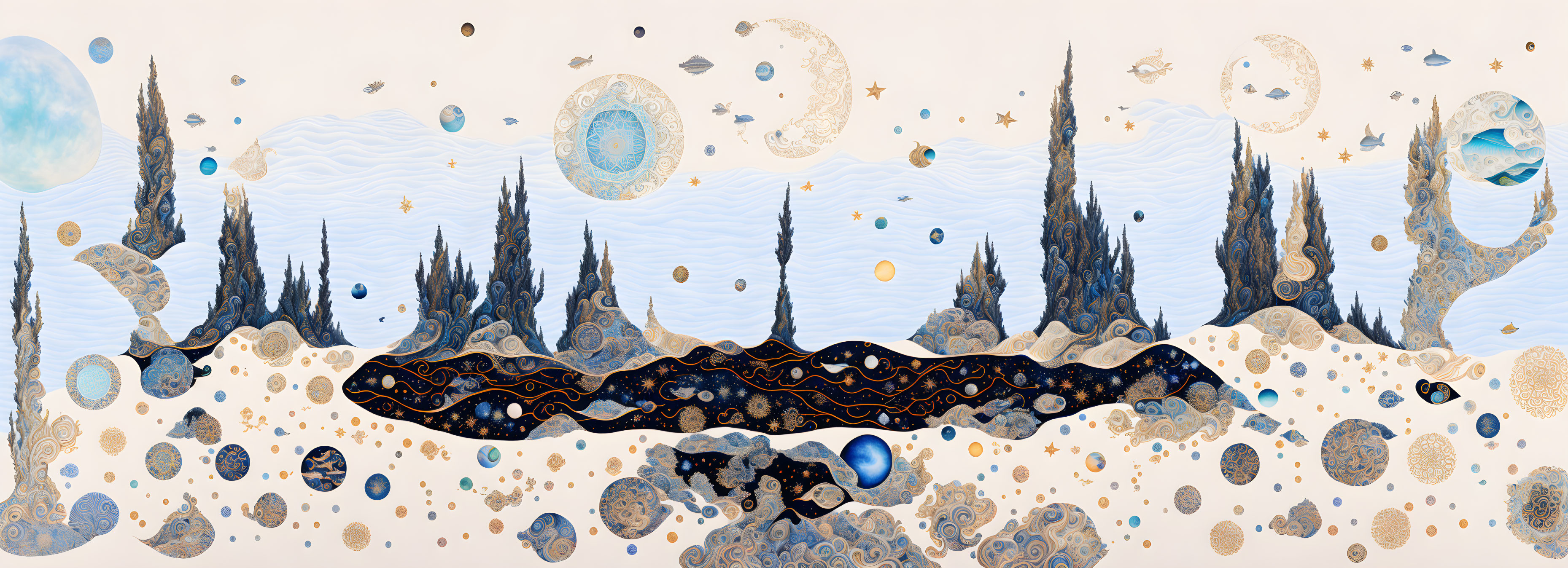 Panoramic abstract painting: whimsical landscapes, intricate patterns, celestial bodies, flowing shapes in blues